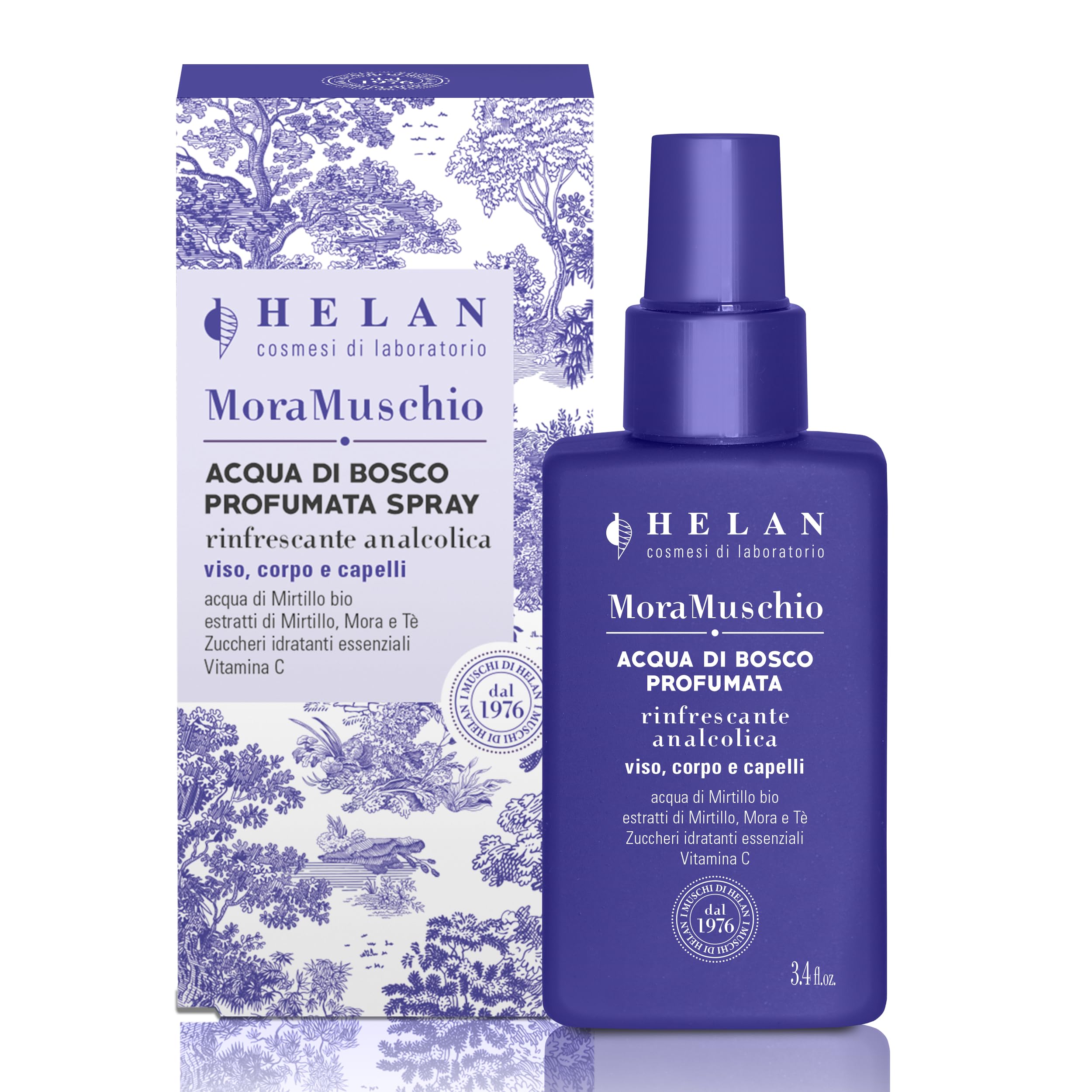 Helan Mora Muschio - Acqua di Bosco Profumata Spray, Soluzione Analcolica Fragrance-Care Rinfrescante per Viso, Corpo e Capelli, con Mirtillo Mora e Tè, Vitamina C - 100 ml, Made in Italy