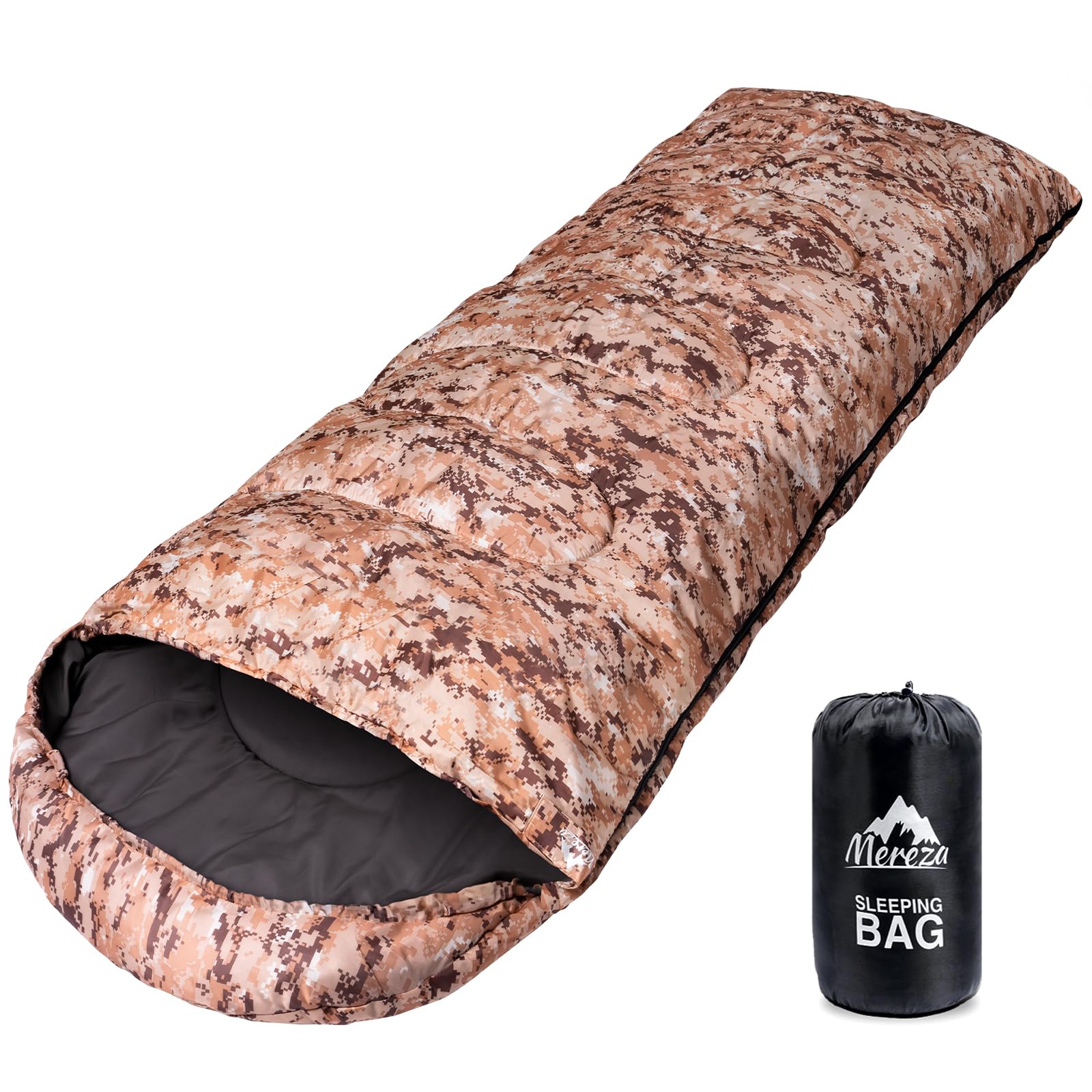 MEREZA XL Wide Sleeping Bag for Adults - Extra Large, Warm & Tall Design for Camping in Cold Weather, Includes Compression Sack | Men & Women Brown Camouflage & Grey