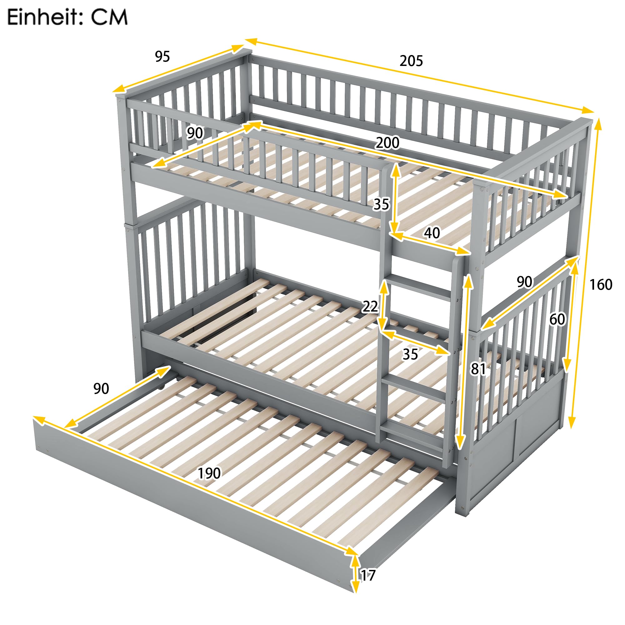 Letti a castello 2 x 90 x 200 cm con letto estraibile 190 x 90 cm
