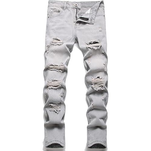 Men's Ripped Distressed Destroyed Straight Fit Washed Denim Jeans Pants