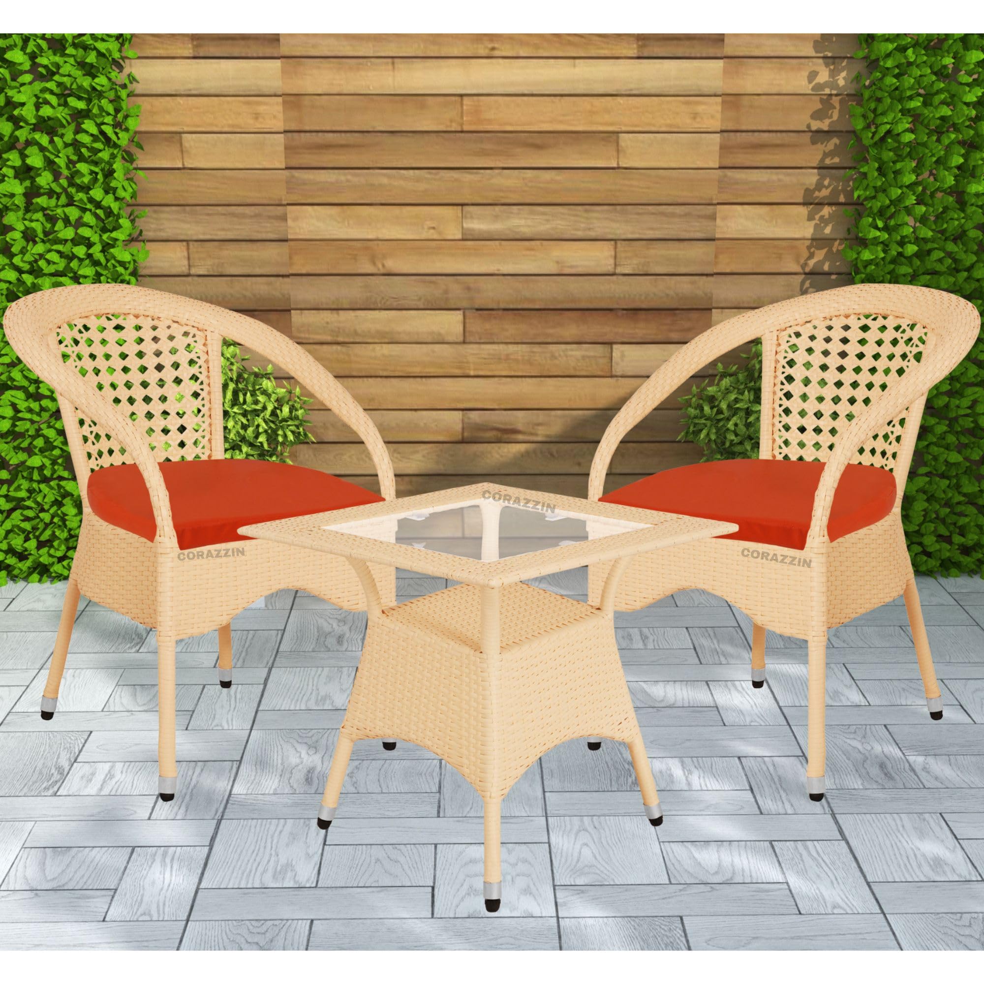 Rattan Wicker Square Patio Coffee Table with 2 Cushioned Chairs Garden Outdoor Furniture Set for Home Living Room (Cream)-image-1