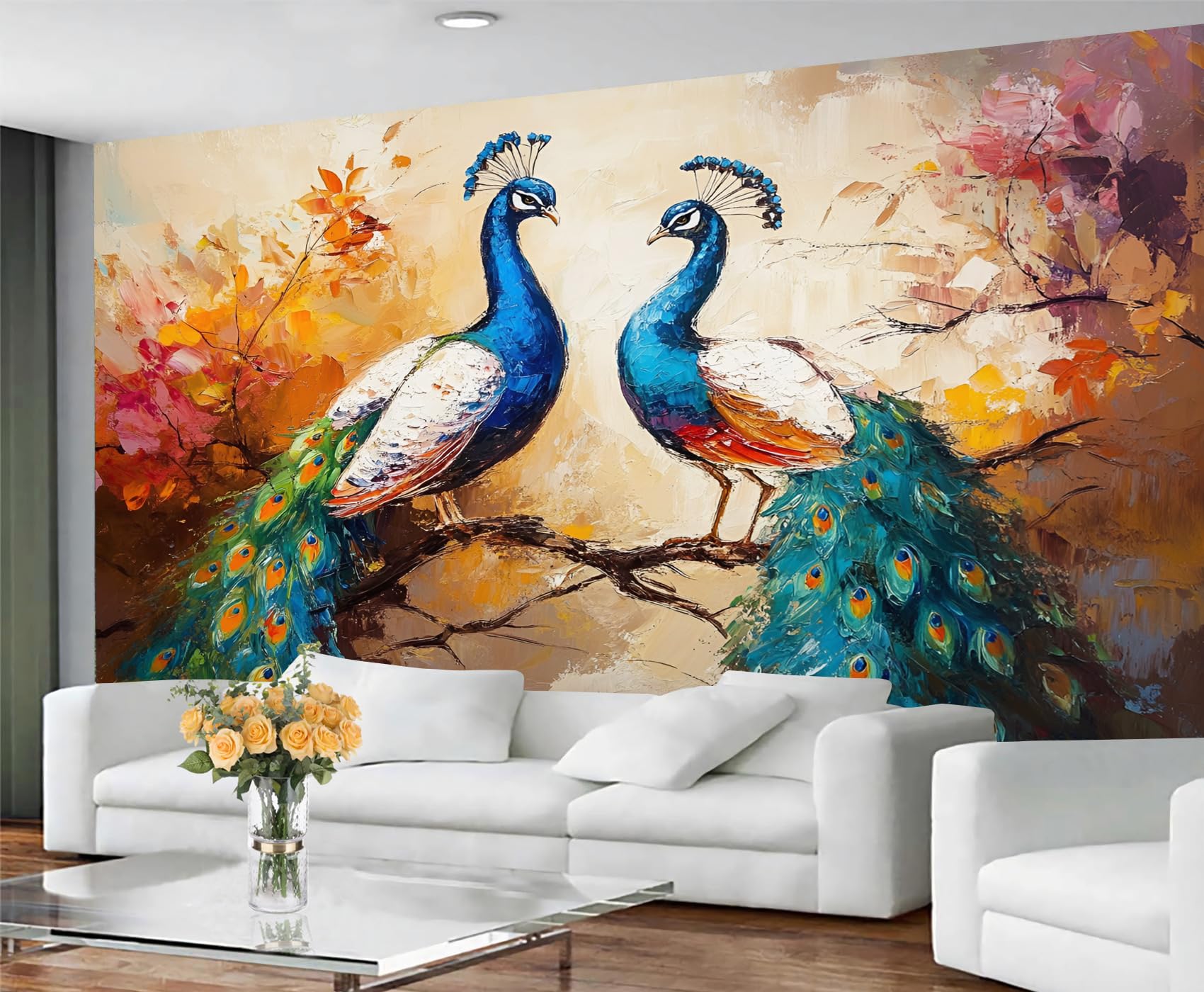 GIVLWF Autumn Peacock Wallpaper, Peacock Feather Bedroom Wallpaper, Gorgeous Animal Wall Paper for Living Room, Not Self Adhesive Vintage Bird Wall Mural, Exotic Large Mural & Room Decor โ image 1