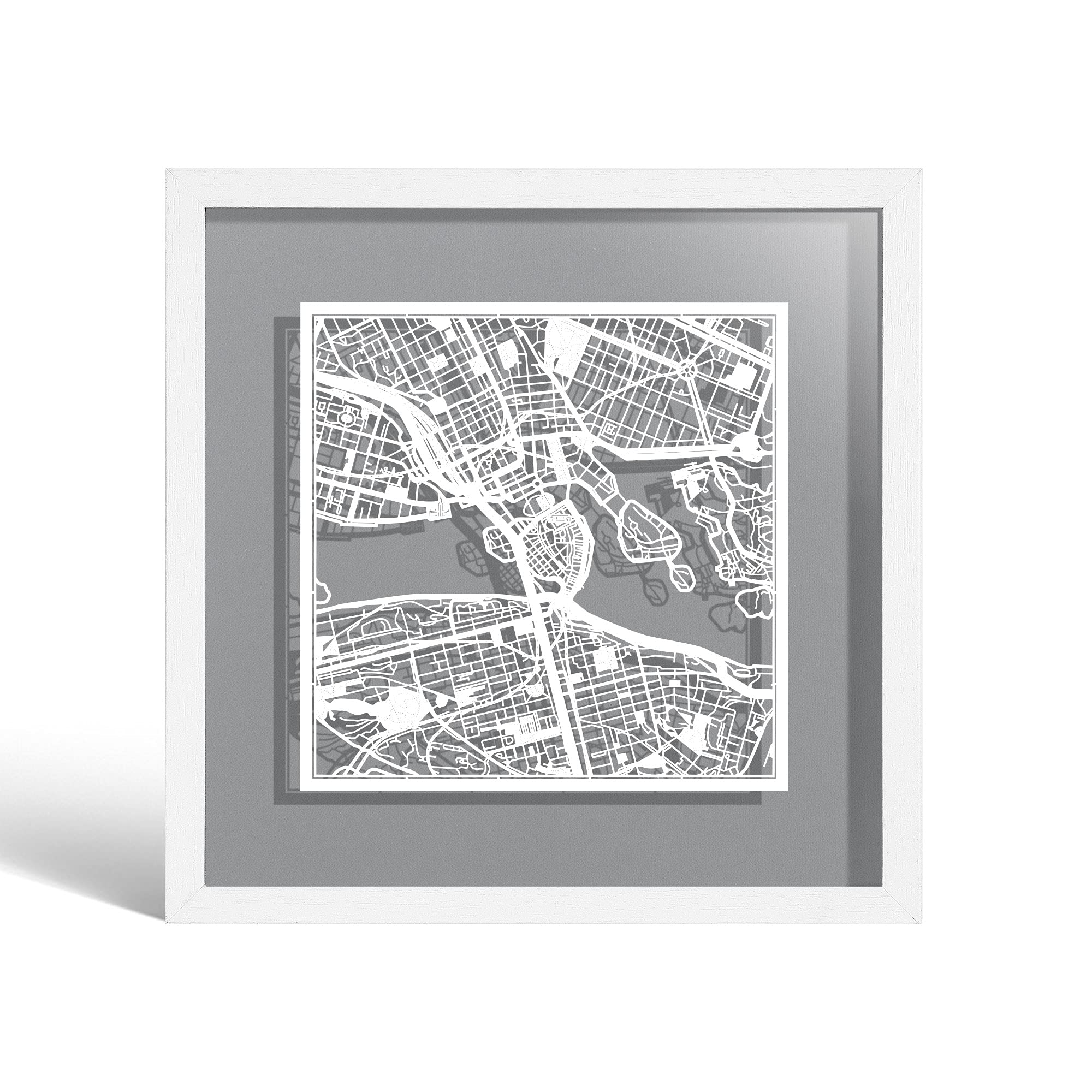 O3 DESIGN STUDIO Stockholm Paper Cut Map framed, White map, White frame, 23x23 cm, Gift Boxed, 4 background color, self-changing, Paper Art