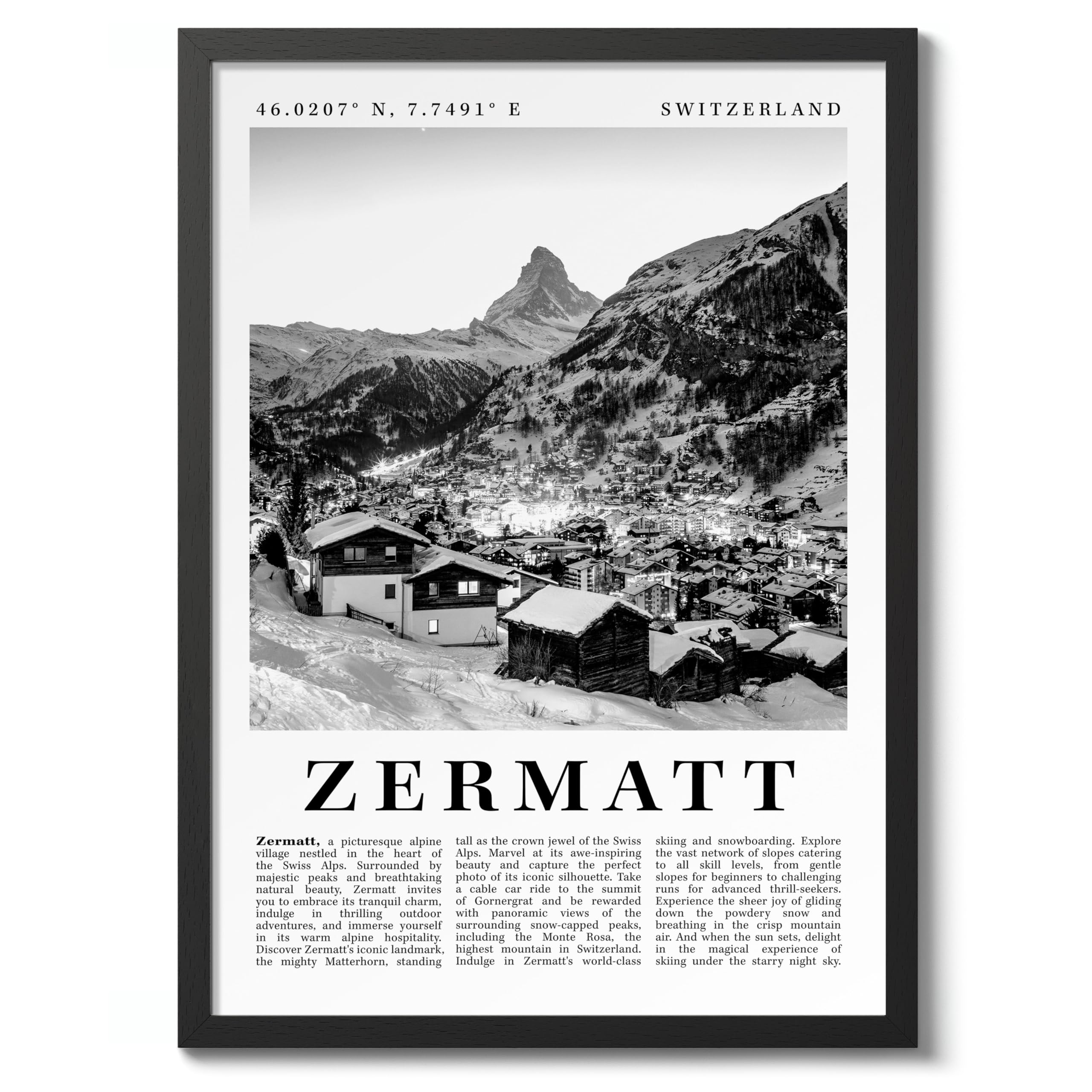 Zermatt - Switzerland Travel Poster, Black & White Print, City Landmark. Modern Home Wall Decor For Living Room Bedroom, Archival Matte, 50x70cm (Black Frame) - 50x70cm