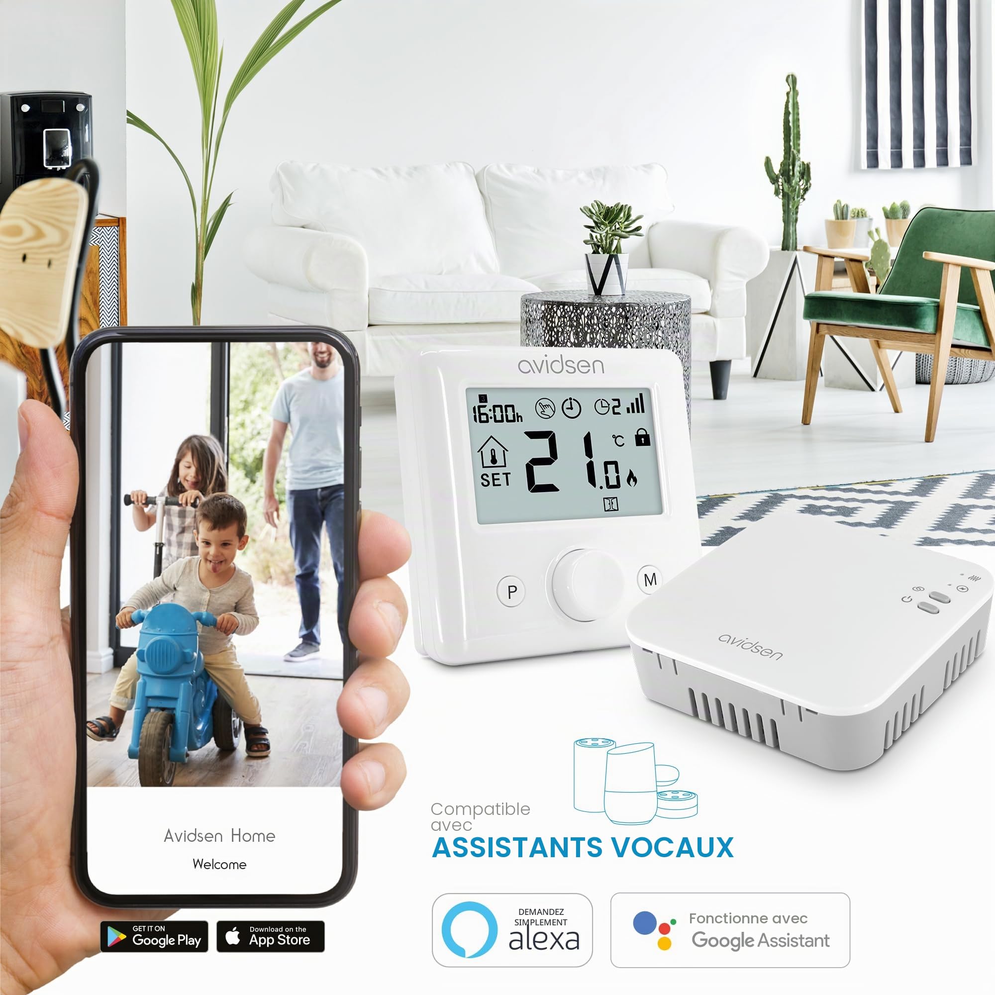 Avidsen HomeFlow, Thermostat Connecté Filaire WiFi, Compatible Chaudière Gaz, Bois et Fioul, Programmable Hebdomadaire, sans Abonnement, Contrôle Smartphone, Alexa et Google Home, Blanc