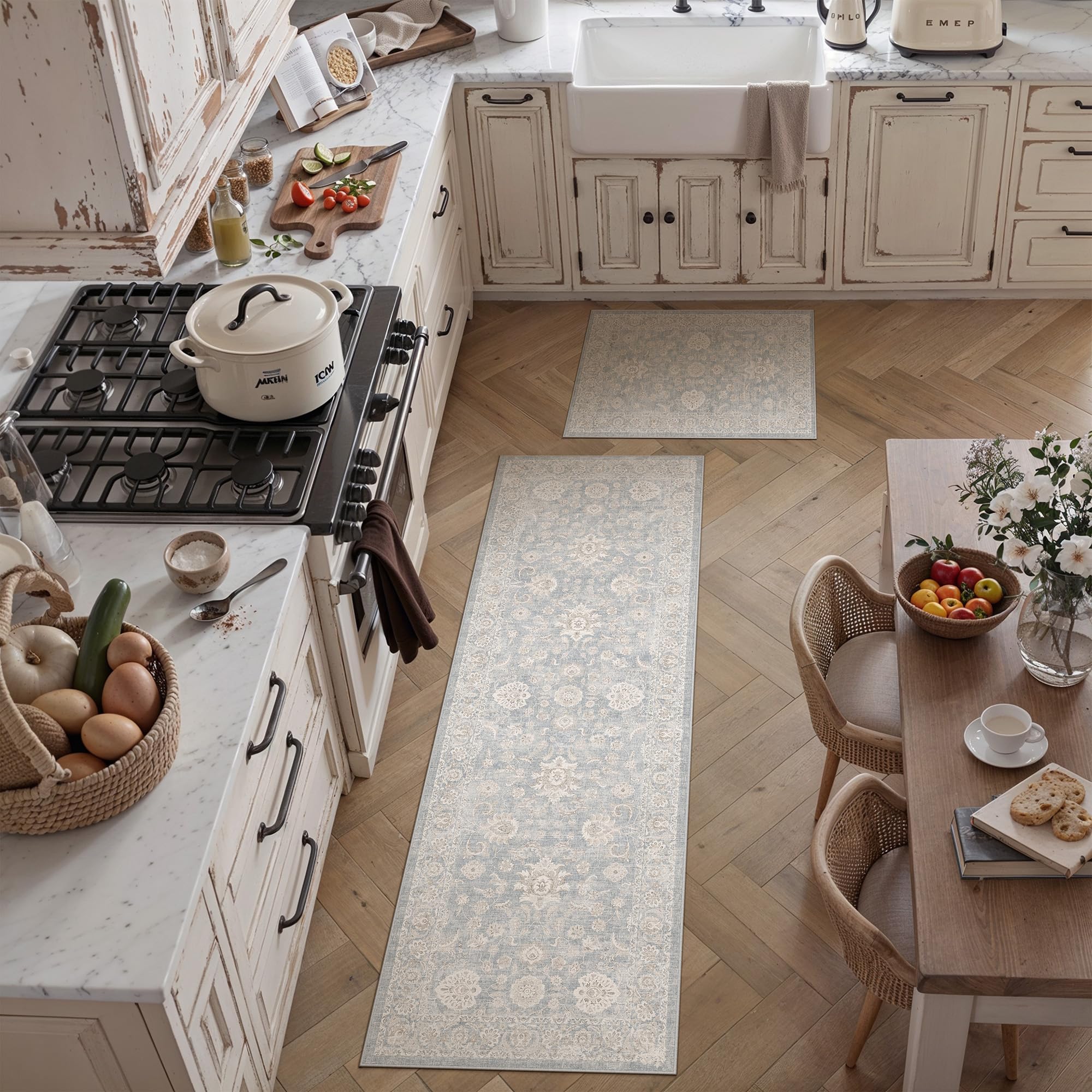 2 Piece Blue Cream Neutral Floral Kitchen Rug Set
