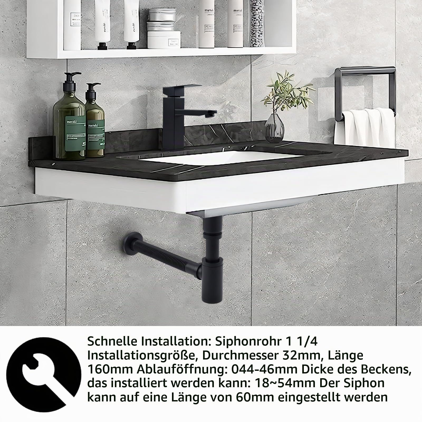 HOMELODY Design Siphon mit Pop Up Ventil Ablaufgarnitur für Waschbecken Schwarz Matt, Universal Messing Siphon, Waschbecken Stöpsel，Geruchsverschluss mit Reinigungsöffnung