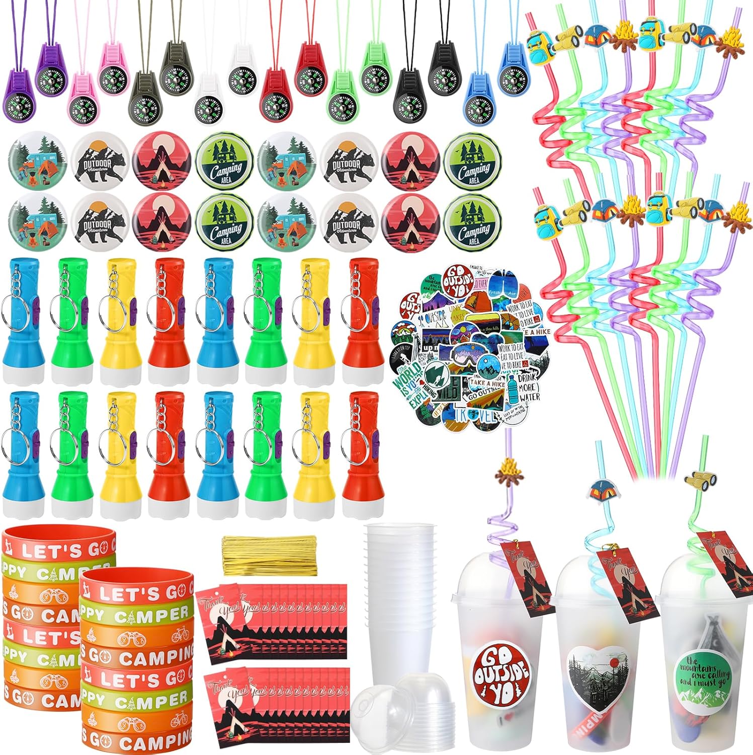 163 Pcs Camping Party Favors with Mini Compass for Kids Flashlights Keychain Cups with Dome Lids Silicone Bracelets Stickers Badges Plastic Straws Tag for Camping Adventure Birthday Party Gift