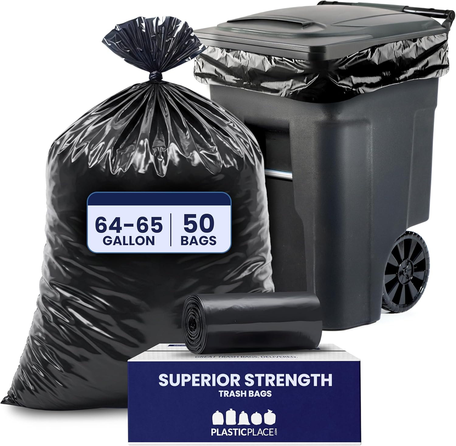 Plasticplace 64-65 Gallon Trash Can Liners for Toter │ 2.0 Mil │ Black Heavy Duty Garbage Bags │ 50” x 60” (50 Count)