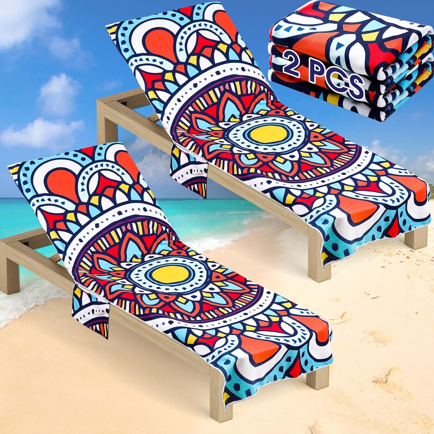 Oudain 2 Pcs Beach Chair Covers with Side Pockets Boho