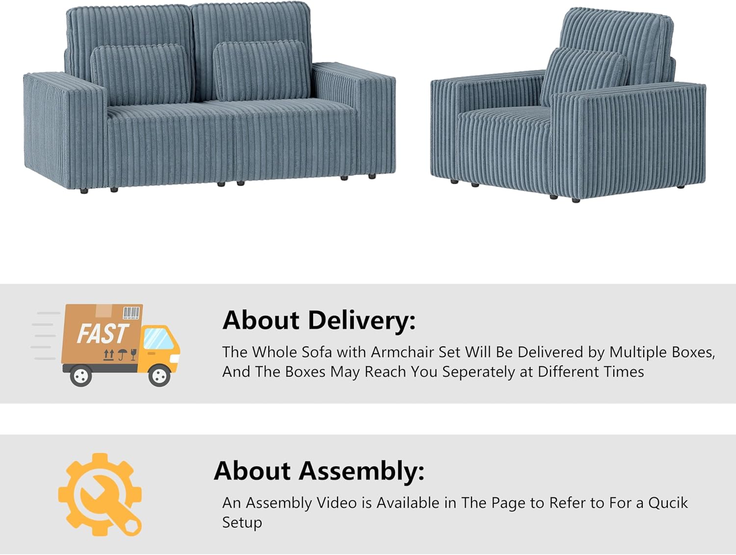 mikibama 2PC Corduroy Sofa Couch with Chair Set for Living Room,Modern 2 Piece Loveseat Sofa and Armchair Set，Deep Seat 2 Seater Couch with Accent Chair for Office,Apartment