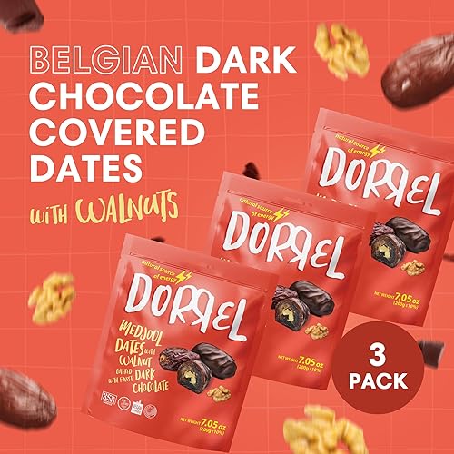 Miniatura 36 de DORREL - Dátiles cubiertos de chocolate negro belga (Medjool) con relleno de cacahuetes salados, aperitivo de chocolate vegano de alta energía