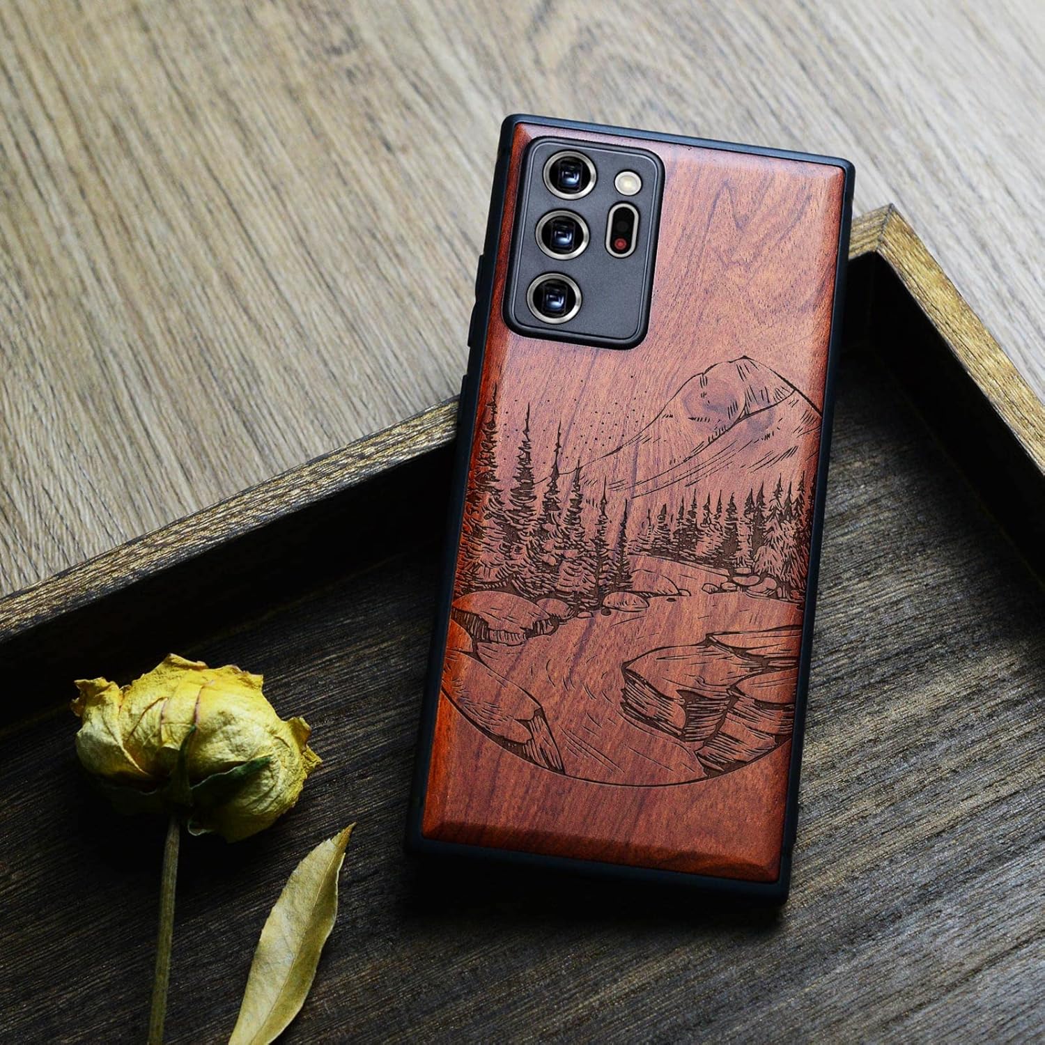 Carveit Wood Case for Galaxy Note20 Ultra Case [Hard Real Wood & Black Soft TPU] Protective Unique Wooden Cover Compatible with Samsung Note20 Ultra (Natural Landscape-Rosy)