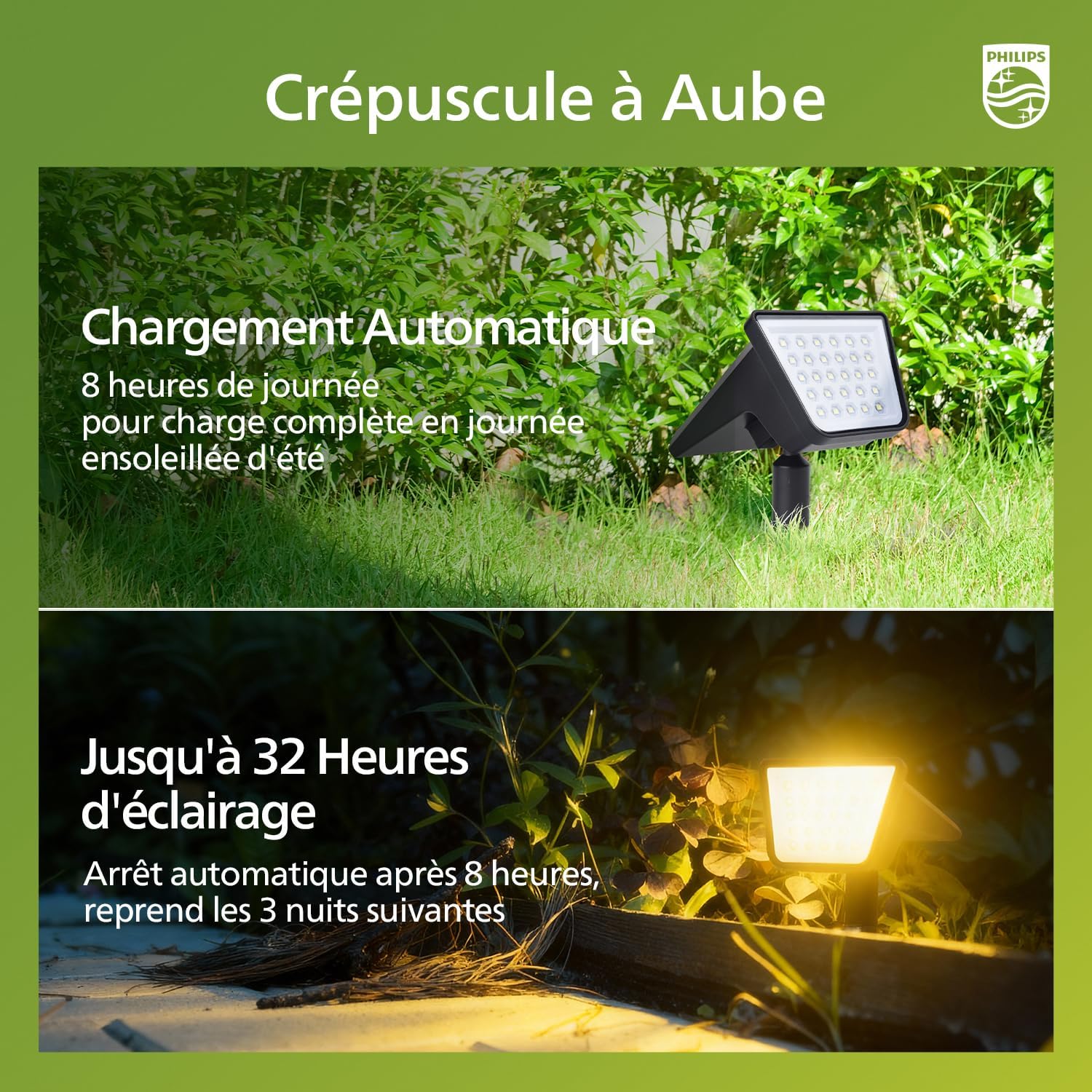 Image showing the Philips Solar Outdoor Projector operating from dusk to dawn, with text indicating automatic charging in 8 hours of daylight and up to 32 hours of illumination.