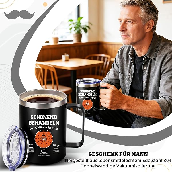 Thermobecher 350ml 60 Geburtstag Geschenk Mann, Schonend behandeln der Oldtimer ist jetzt 60, Lustig Geburtstagsgeschenk für Männer Papa Kollege zum Geburtstag, Schwarz - 3