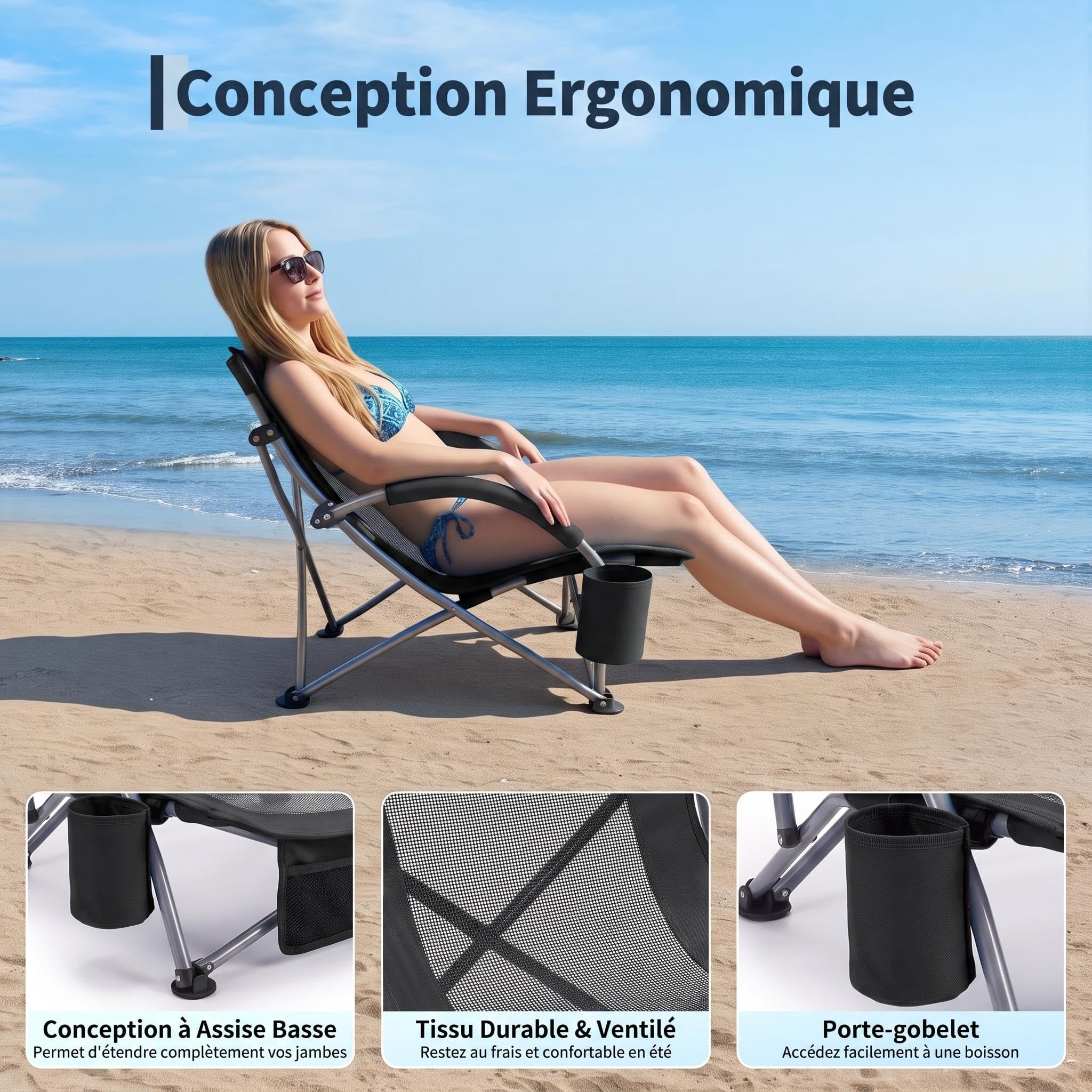 Chaise De Plage Pliante Robuste Et Légère, Haut en Maille Ultralége 2pack | Sangles Sac à Dos, Poche Téléphone, Porte-Gobelet