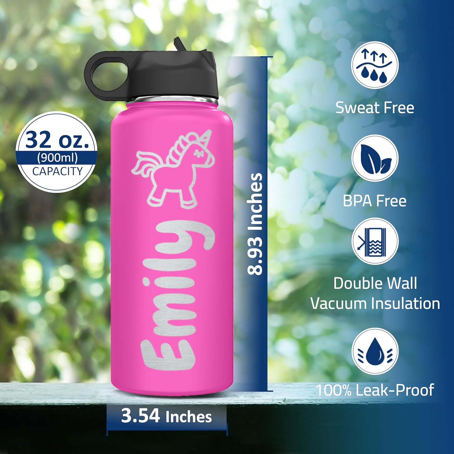 Personalized Insulated Stainless Steel Water Bottle for Kids 32 oz. with Flip Top Lid & Straw, Custom Engraved with Name & Icon, Gifts for School, Boys, Girls (Large)