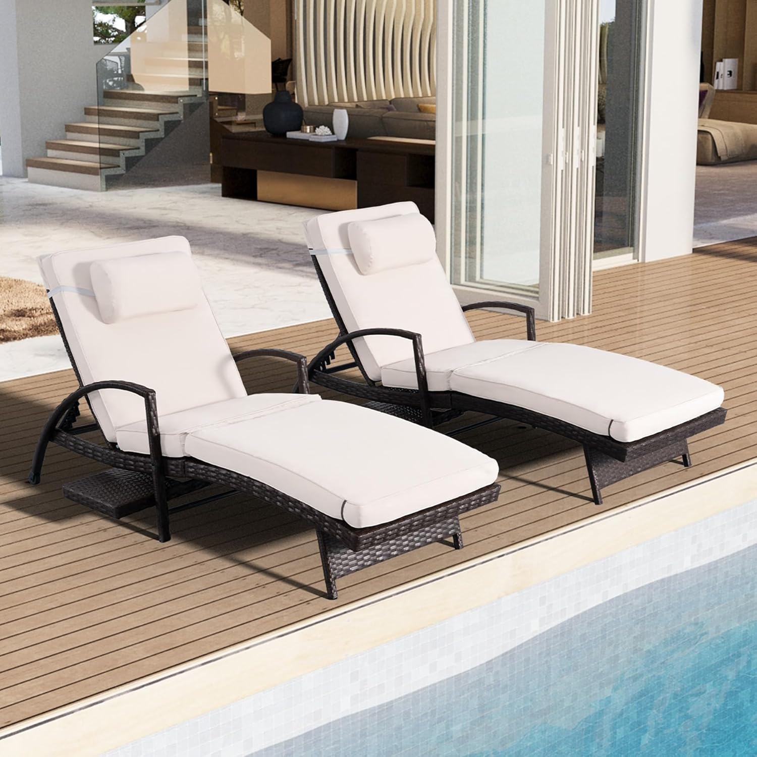 Chaise Lounge Chairs Set of 2, 6-Position Adjustable Outdoor Recliner with Side Table & Wheel,All-Weather PE Rattan Wicker Patio Lounge Chair With Removable Cushion for Poolside Backyard Beach (White)