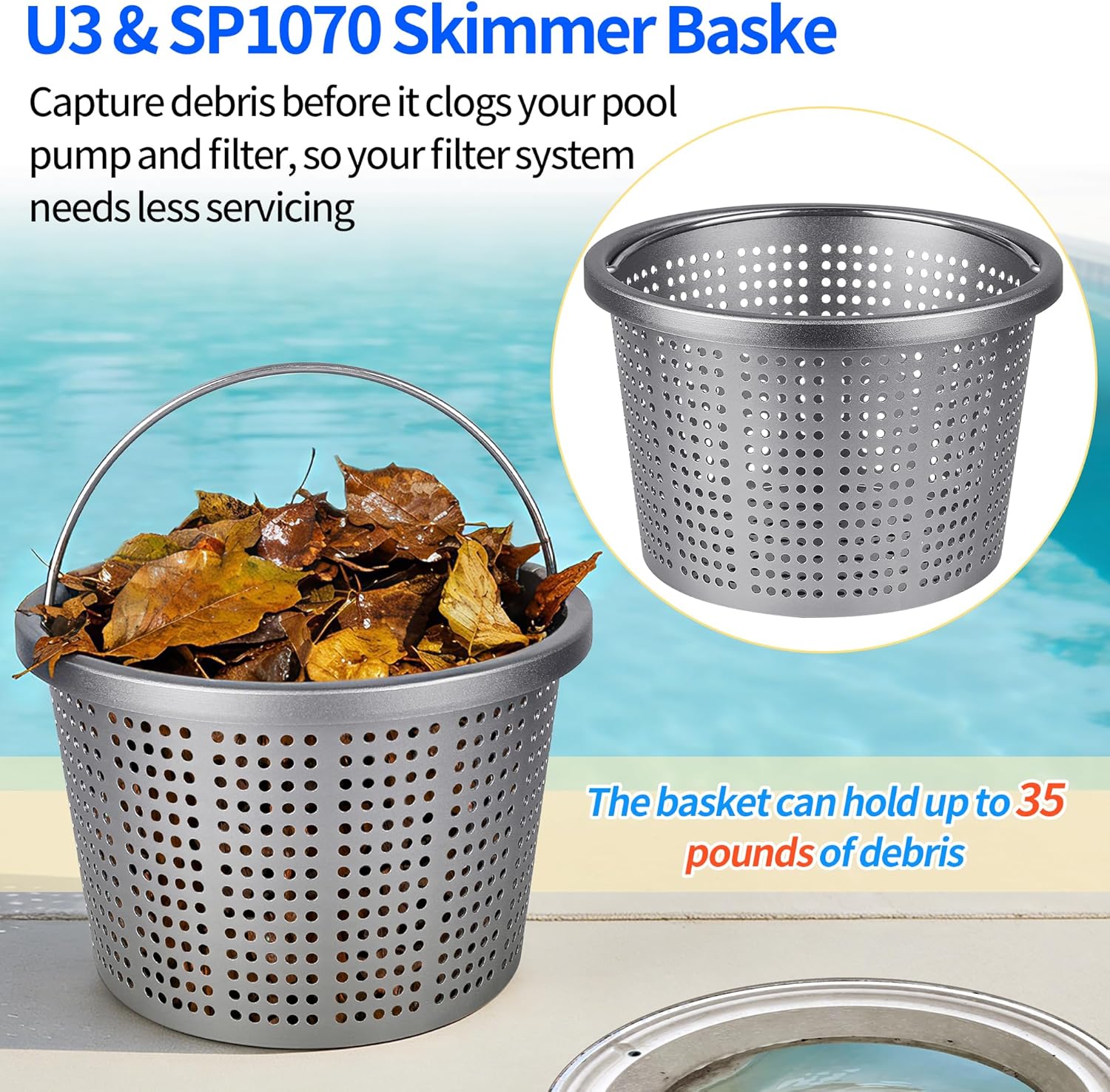 Pool Skimmer Basket for Pentair U-3 Skimmer Basket and Hayward SP1070 Pool Basket, Upgrade Metal Skimmer Basket for Inground Pool Replace 08650-0007 SPX1070E & B-9 Filter Baskets - 8" Strainer Basket
