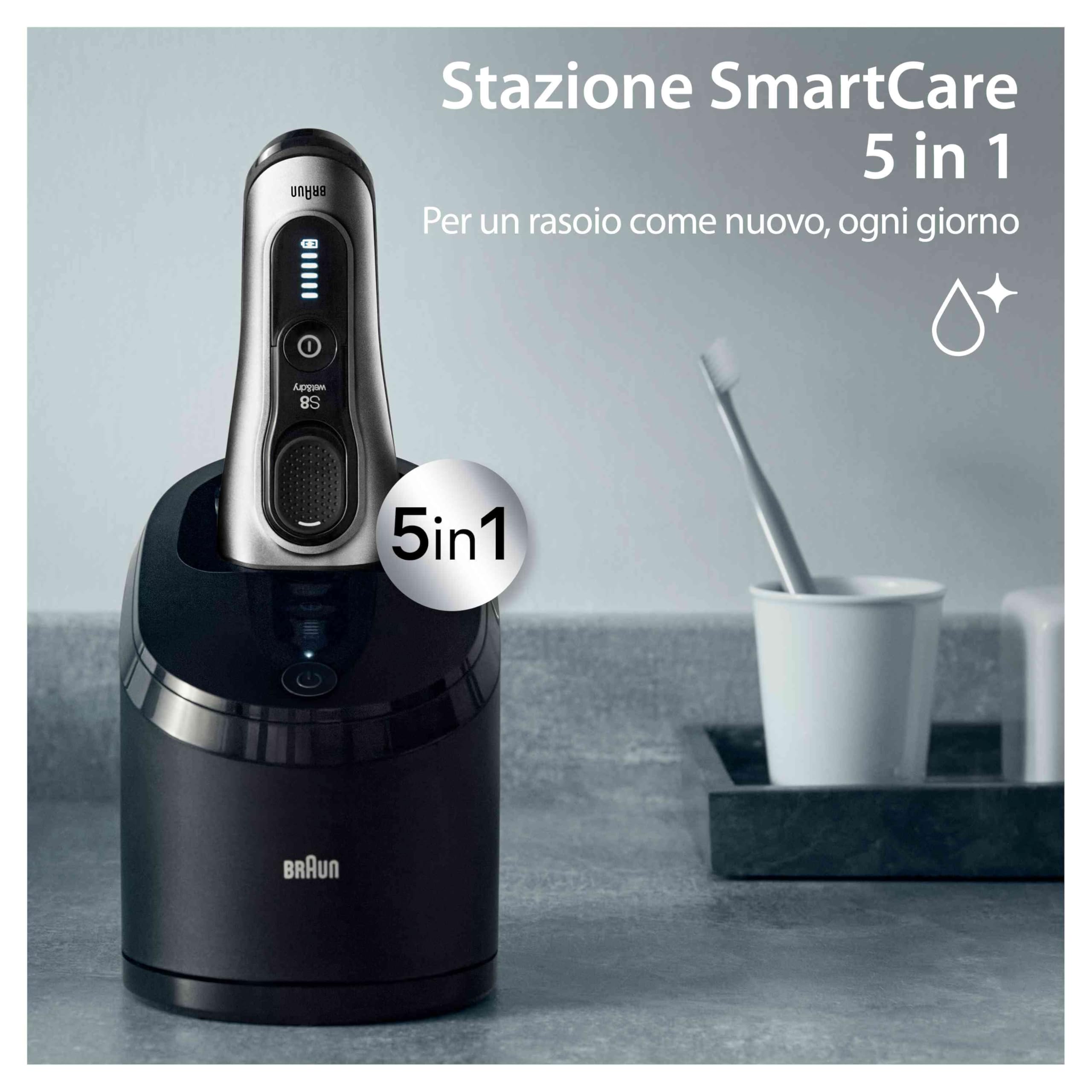 Braun Series 8, Rasoio Elettrico Barba, Regolabarba Uomo, Rifinitore di Precisione, Custodia Viaggio, Stazione Smartcare, Batteria Litio Ion, 100% Impermeabile, Idea Regalo, 8567cc Argento