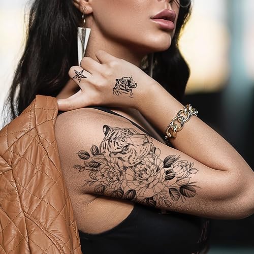 Miniatura 6 de Aresvns Tatuaje temporal de media manga para hombres y mujeres, tatuajes falsos realistas impermeables para adultos, incluyendo flores, dragón,