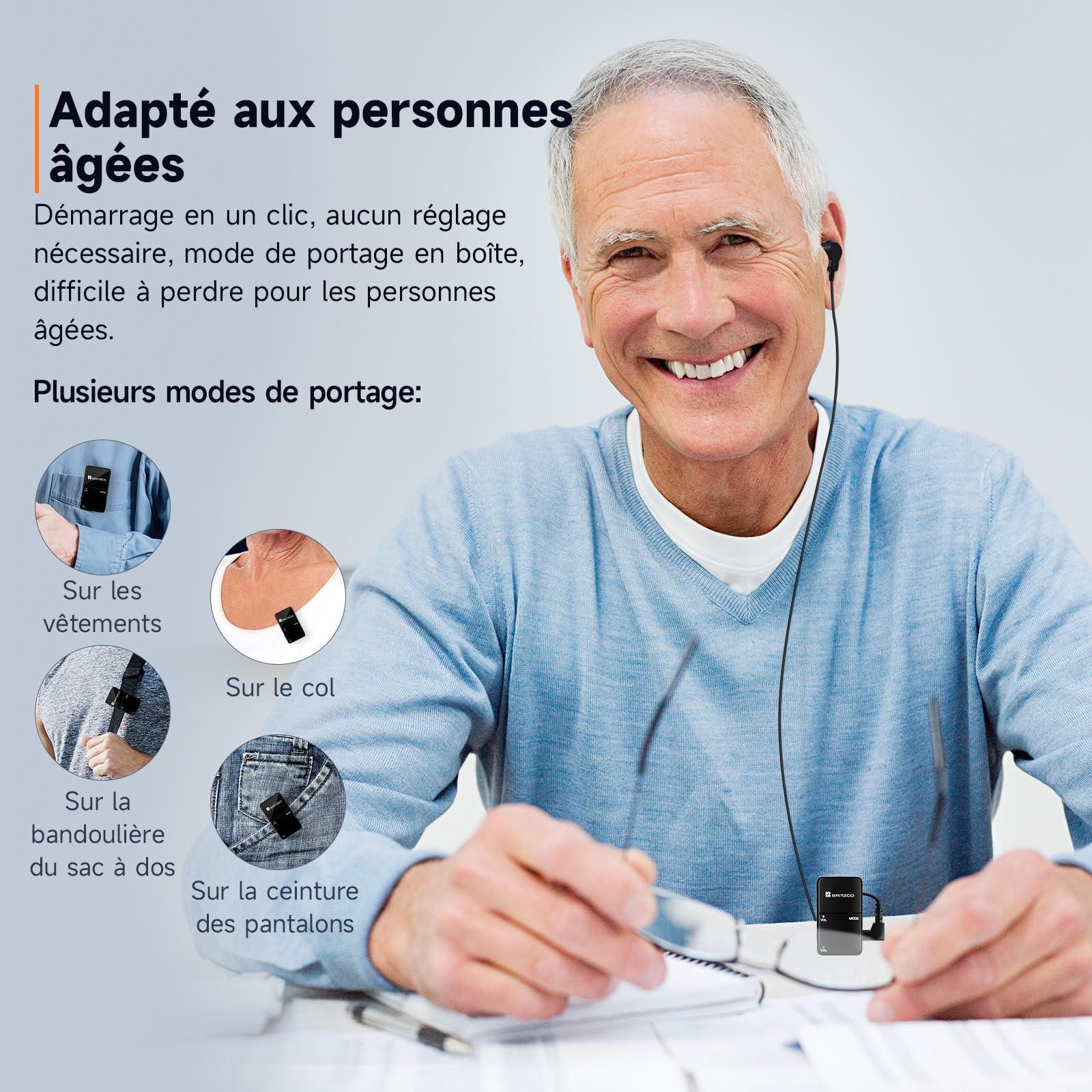Britzgo Amplificateur de son portable pour les personnes âgées, réduction du bruit et port réglable - Parfait pour une utilisation quotidienne