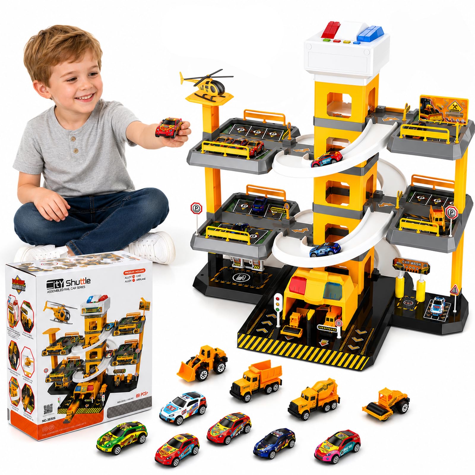5 Piani Garage Mmacchine per Bambini, Parcheggio Macchinine con Ascensore Elettrico, Garage Giocattolo 69+ Pezzi, 10 Auto e 1 Aereo, Pista a Spirale, da 3 Anni