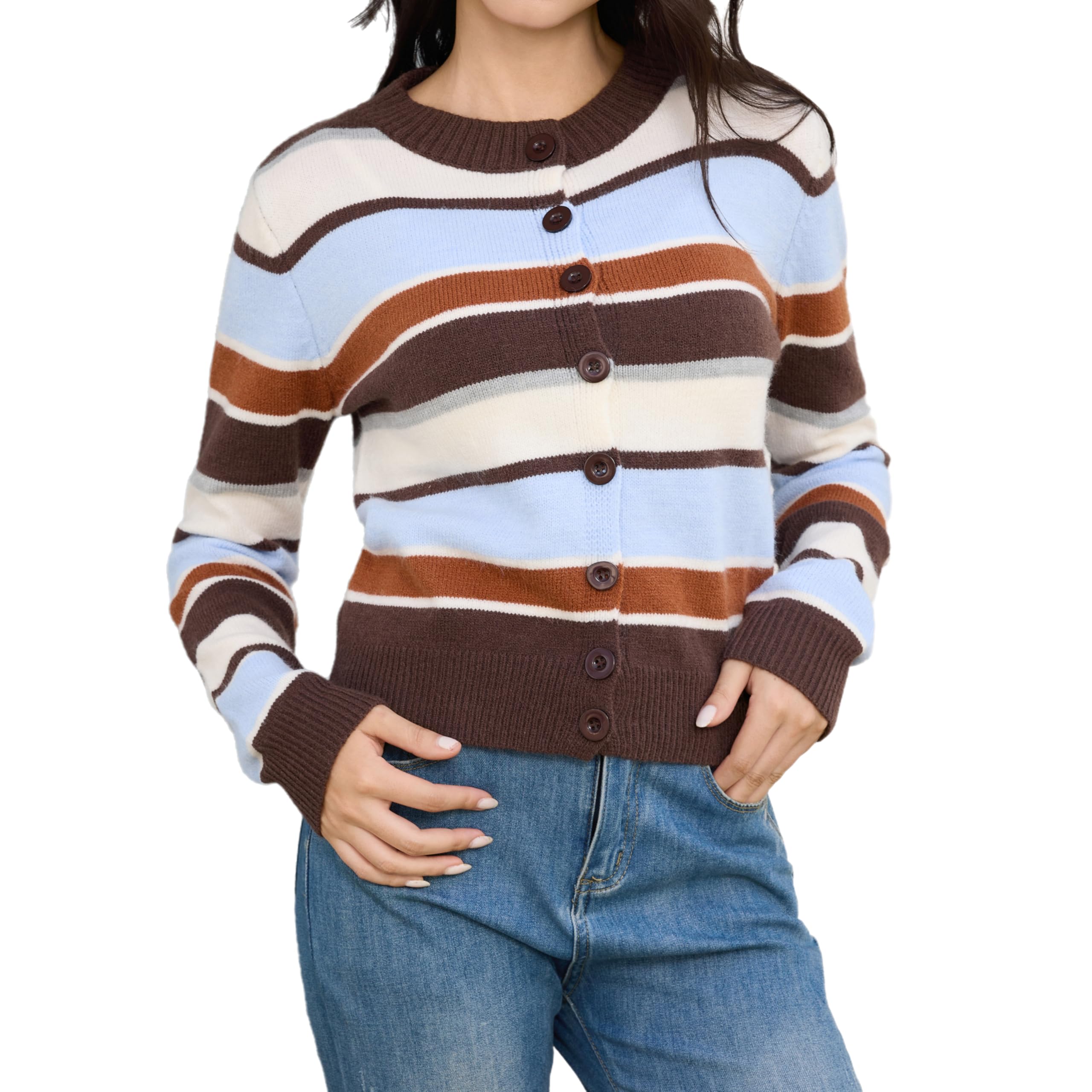 Womens Clashing Stripe Round Neck Long Sleeve Knitted Cardigan Retro Slim Casual Sweater Top Daily Commuter