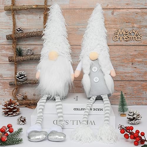 AnyDesign Juego de 2 gnomos de Papá Noel de Navidad, color blanco y gris, Tomte sueco con pierna larga, hecho a mano, muñeca escandinava, adorno de