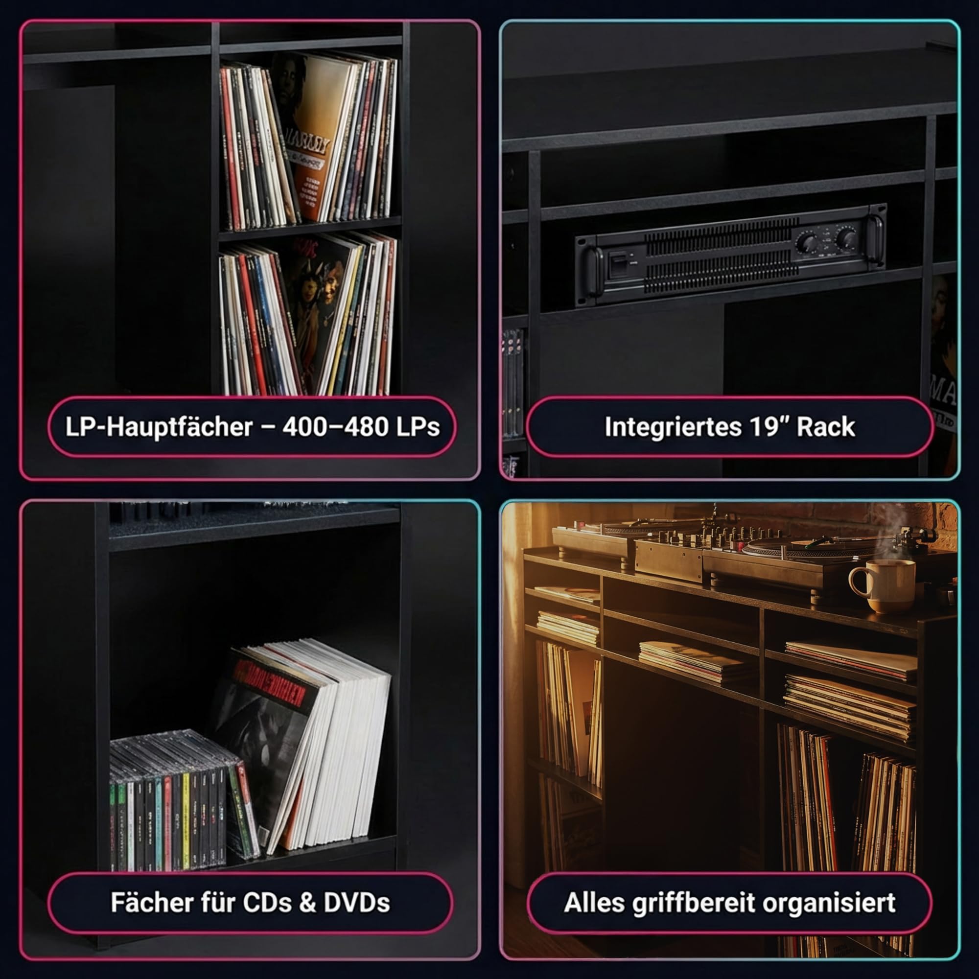 Zomo Deck Stand Vegas – DJ Tisch 130 x 40 x 97 cm – Schwarz - MDF Holz – 2 Ebenen mit 19 Zoll Rack und Vinylaufbewahrung - Platz für 2 Decks und einen Mixer