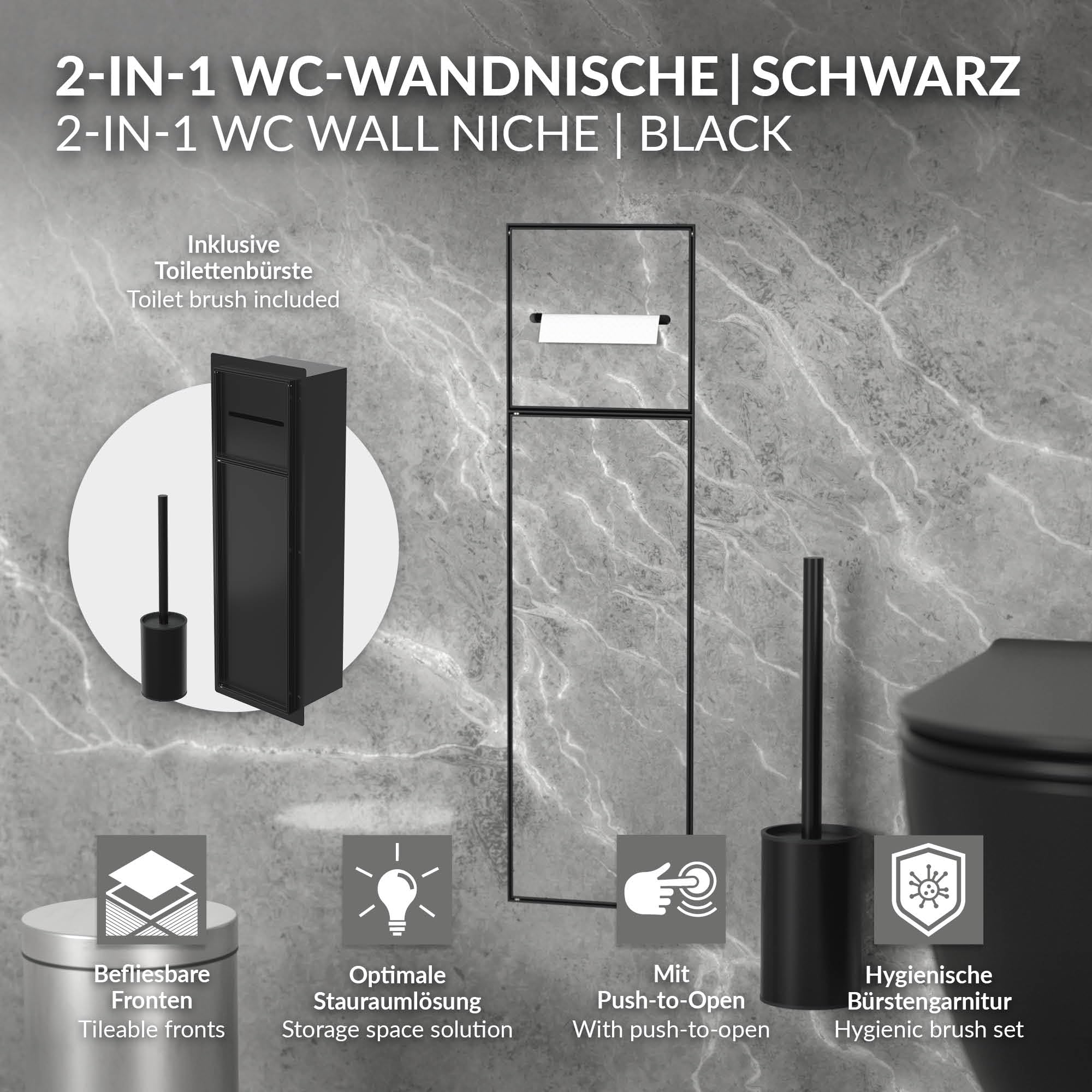 LuxeBath Módulo de Armario Empotrado para Baño de Acero Inoxidable Negro Mate 60 x 20 x 14 cm con Portarrollos con Tapa y Escobilla, Mueble WC Alicatable Encastrado para Aseo/Servicio Nicho de Pared