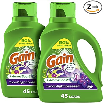 Gain + Aroma Boost Laundry Detergent Liquid Soap, Moonlight Breeze Scent, 45 Loads, 65 Fl Oz, (Pack of 2), He Compatible, Gain Laundry Detergent, Liquid Laundry Detergent