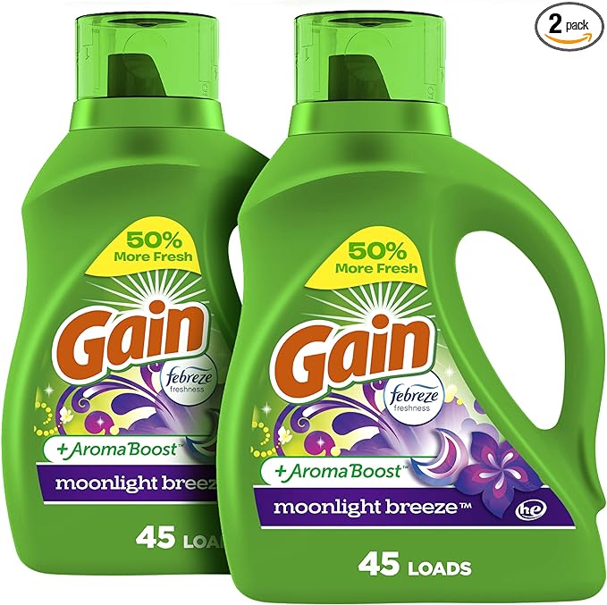 Gain + Aroma Boost Laundry Detergent Liquid Soap, Moonlight Breeze Scent, 45 Loads, 65 Fl Oz, (Pack of 2), He Compatible, Gain Laundry Detergent, Liquid Laundry Detergent