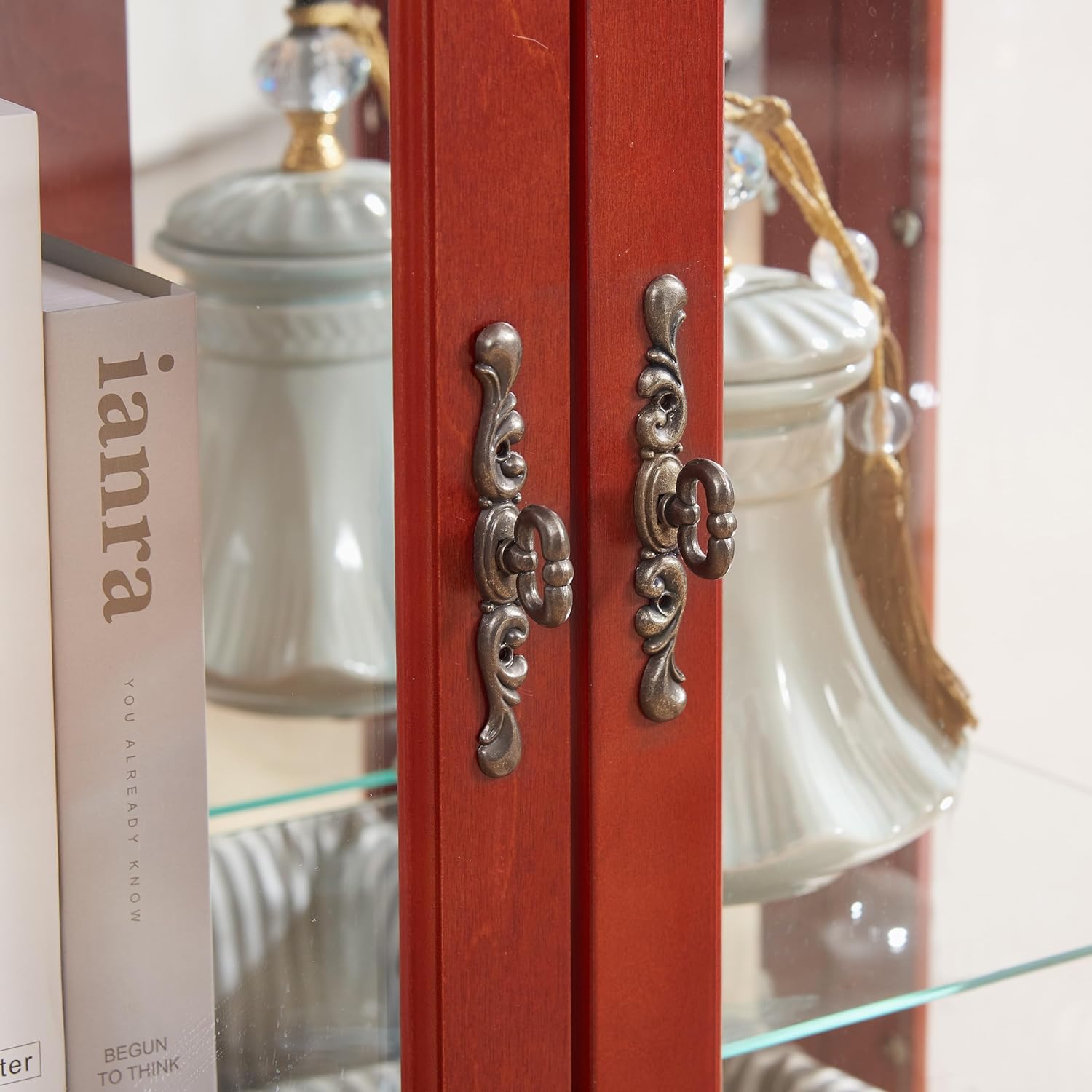 Lighted Curio Display Cabinet, Cherry, Glass Doors with Adjustable Shelves, 1 Drawer, 26 x 11.81 x 49.4 Inch, Bulb Included