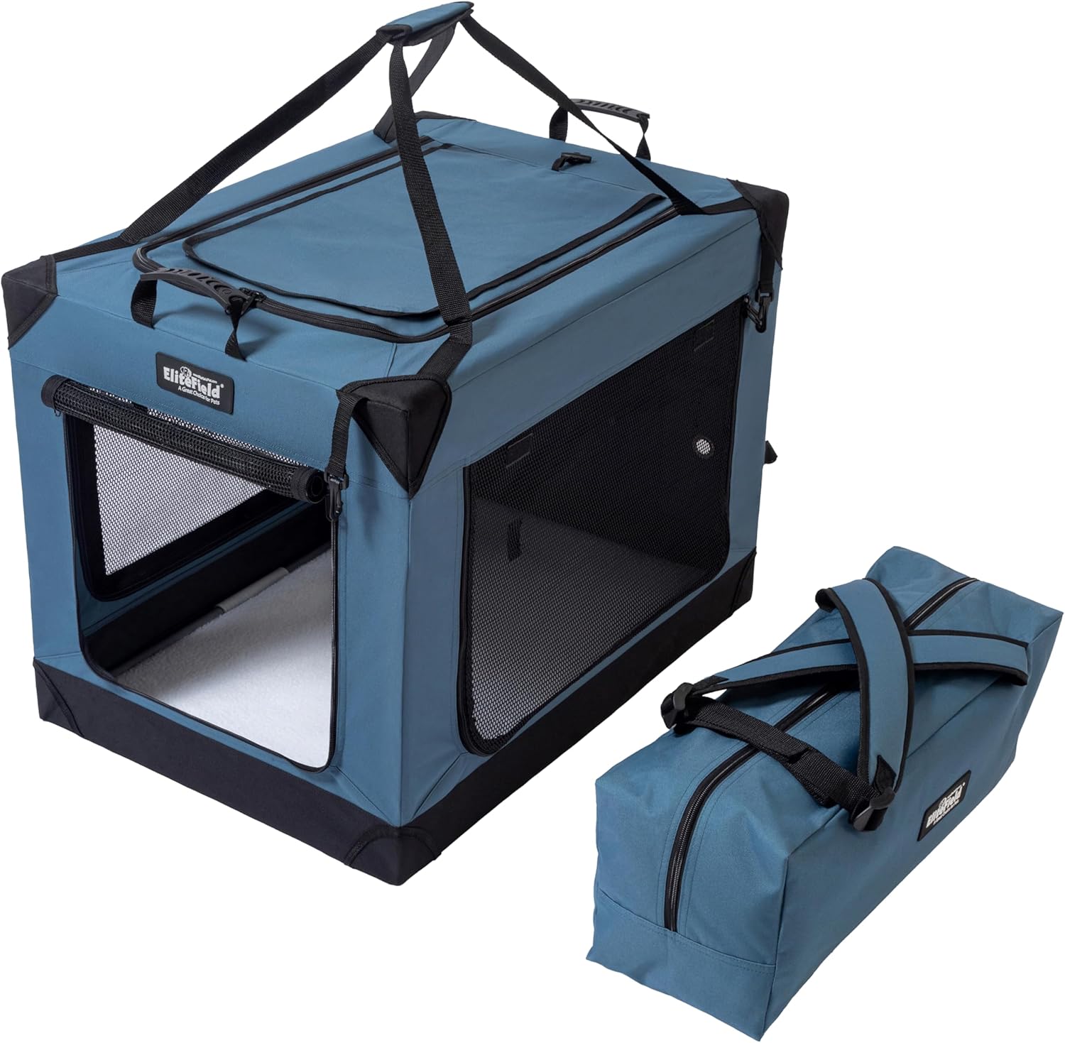 EliteField 4-Door Folding Soft Dog Crate (2-Year Warranty) with Aluminum Frame, Top Curtain, Carrying Bag, and Fleece Bed, Indoor & Outdoor Pet Home (36" L x 25" W x 26" H, Blue Gray)