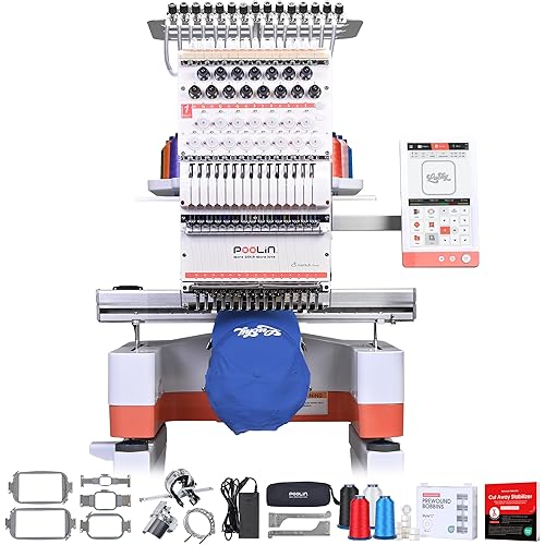 PooLin EOM 15 Needles Embroidery Machine,14.2"×9.5",Embroidery for Hats,Caps,Patches,Sweatshirts,Beginner-Friendly,9" Touch,1200 SPM,Auto Color Change & Trim,Wi-Fi/USB,Includes Digitizing Software