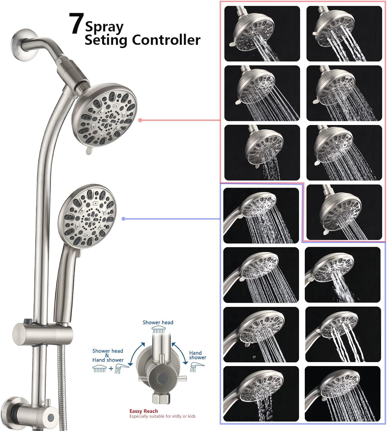 Instant-Mount Drill-Free Height/Angle Adjustable 2-Way Shower Head/Handheld Showerhead Slide Bar Combo (Brushed Nickel)