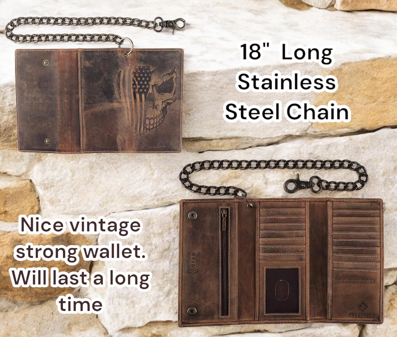 F&L CLASSIC RFID Blocking Mens Tri-fold Long Style Cowhide Leather Steel Chain Wallet,brown flag/skull,212-103 - Image 4
