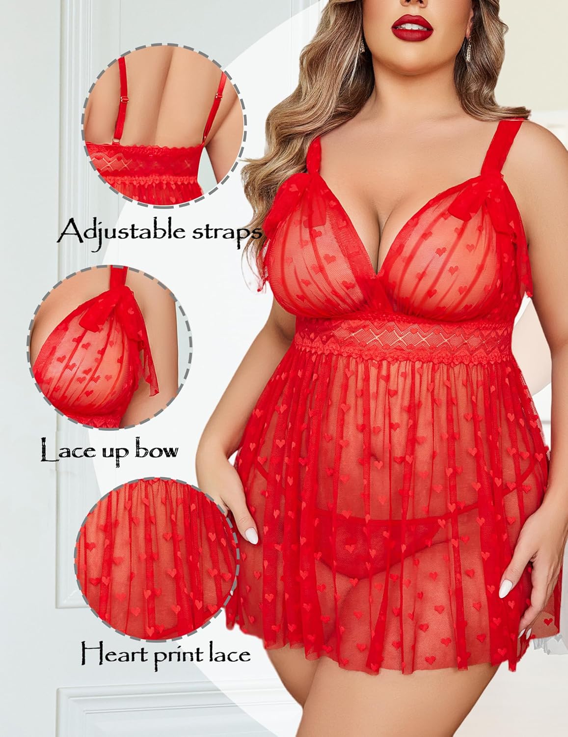 Avidlove Plus Size Lingerie Sexy Babydoll Lace Nightgown V-neck Chemise Nightwear Mesh Nightie - Image 3