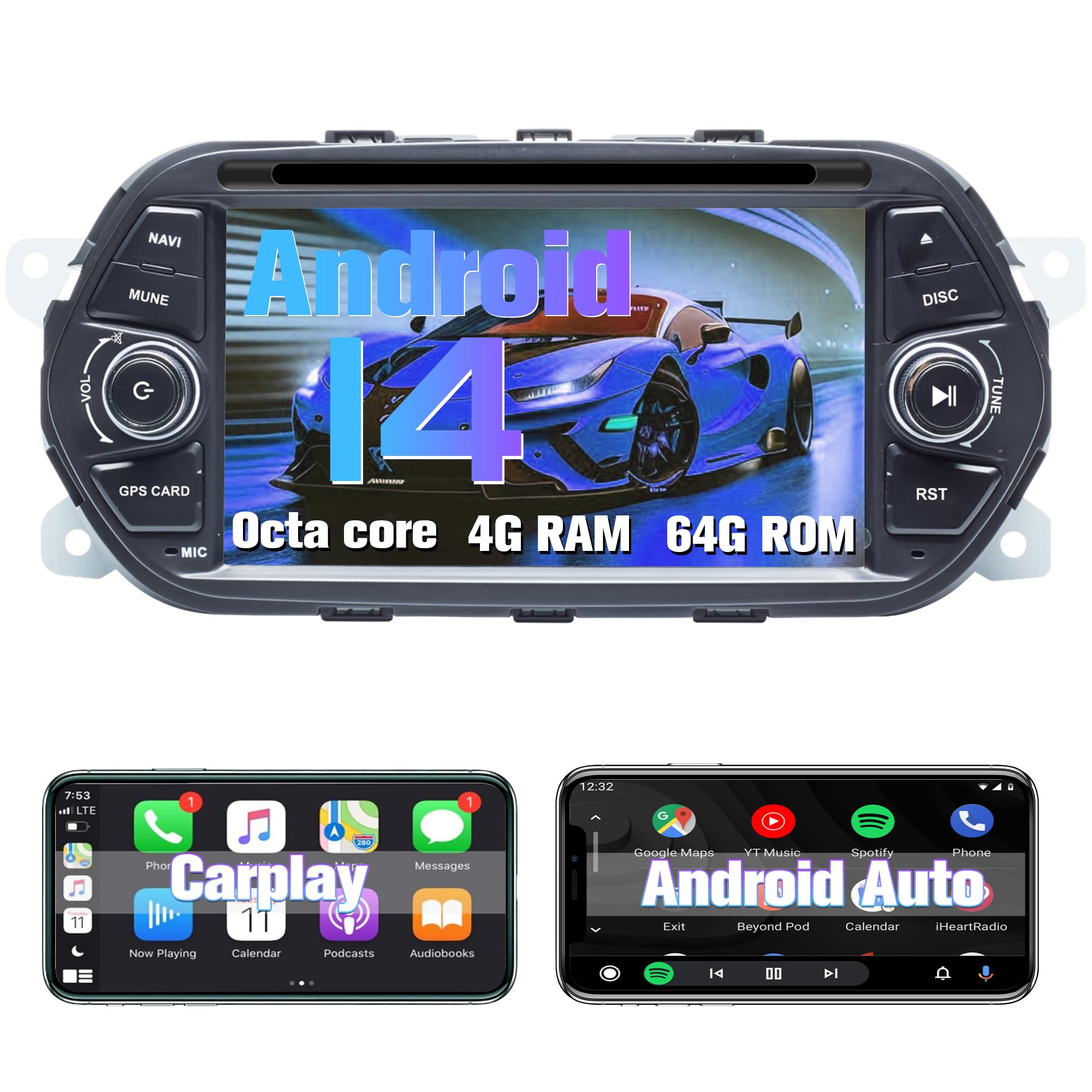 Android autoradio per FIAT TIPO EGEA 2015-2017 Android schermo stereo radio GPS Wireless Carplay, Android Auto, navigazione, Bluetooth, WIFI, FM/AM Radio [4G RAM+64G ROM]