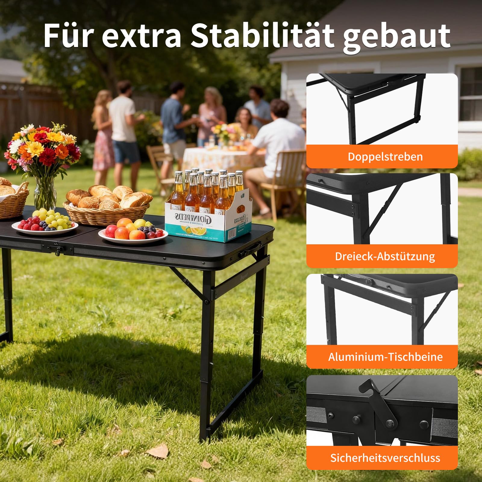Klappbarer Campingtisch Klapptisch 120 x 60 großer Tisch für Familie und Treffen höhenverstellbar 3 Höhen(53/62/70cm) Multifunktionstisch Mehrzwecktisch stabil für Camping Garten Terrasse Party BBQ