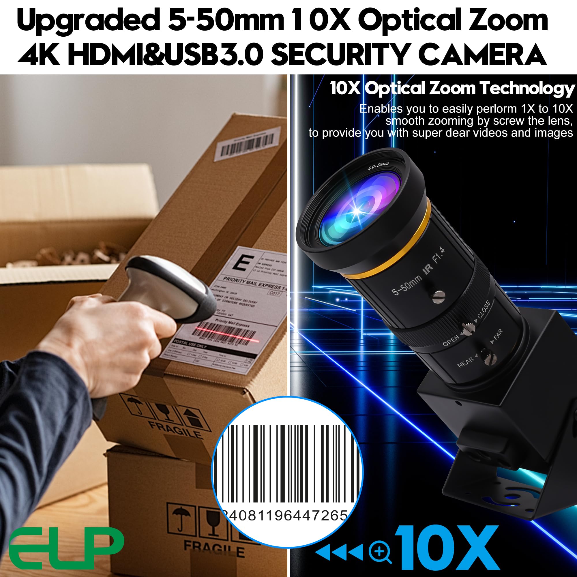 ELP Webcam USB 3.0 4K 60fps - Uscita HDMI e USB, doppio display, zoom manuale, zoom 10x, alta velocità, H.264, obiettivo 5-50mm