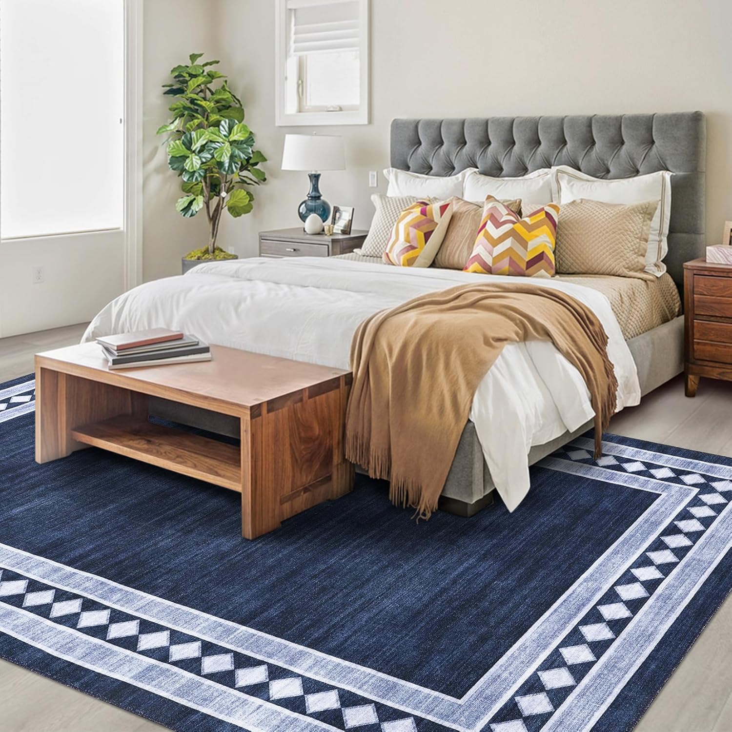 Washable Area Rugs for Living Room Modern Solid Bordered Soft Geometric Carpet - Picture 59 of 108