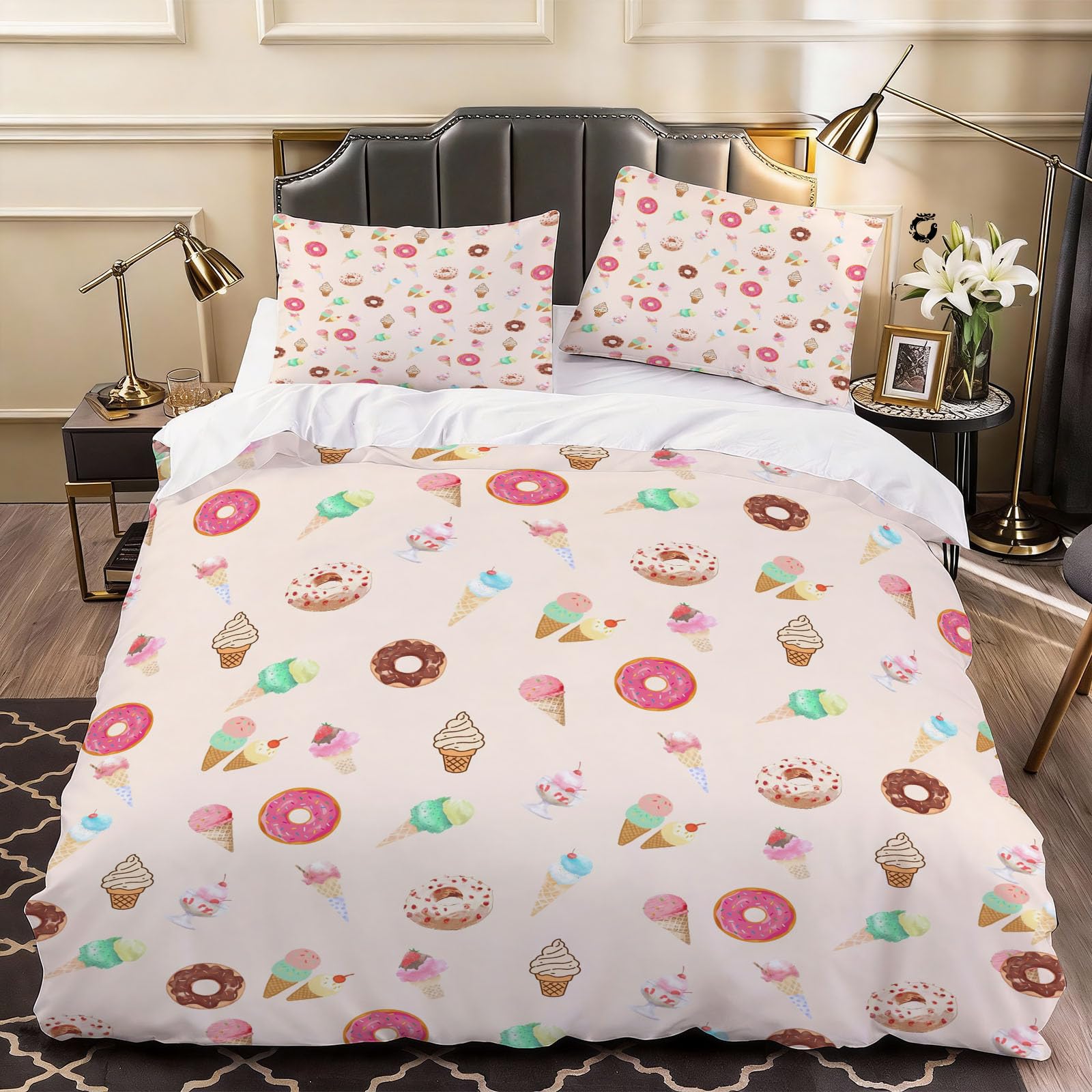3D Multicolor Donuts Duvet Cover Cartoon Bedding Single Bed Set, Soft Microfiber Comforter Cover Printed with Zipper Closure Quilt Coverr 135x200 cm and 2 Pillowcases