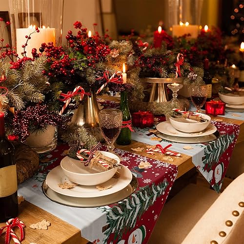 Miniatura 3 de Z&L Home Camino de mesa de muñeco de nieve de Navidad, bufandas de algodón y lino, copos de nieve de invierno, para cena familiar, fiesta de