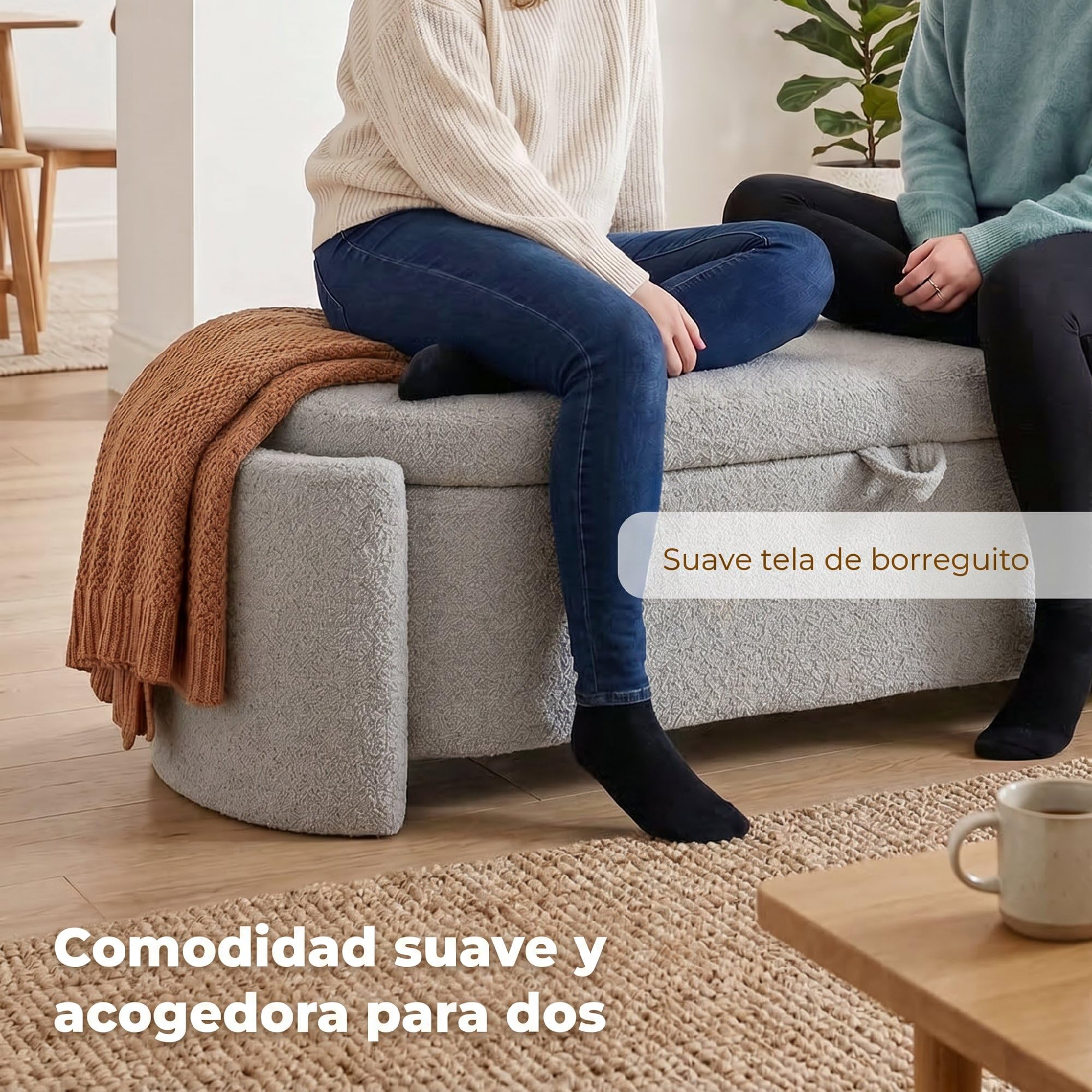 HOMCOM Puff Almacenaje Banco Almacenaje Ovalado 129x48,5x44 cm Gris Claro | Tapizado en Terciopelo de Teddy, Baúl de Almacenamiento, Carga 200 kg, Taburete para Sala de Estar, Dormitorio, Entrada