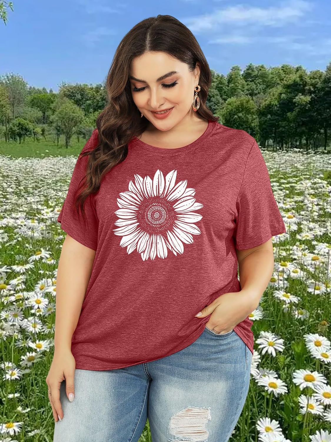 Womens Plus Size Daisy Graphic T-Shirt Summer Flower Cute Short Sleeve Shirts Casual Loose Tees Tops for Women - Image 3