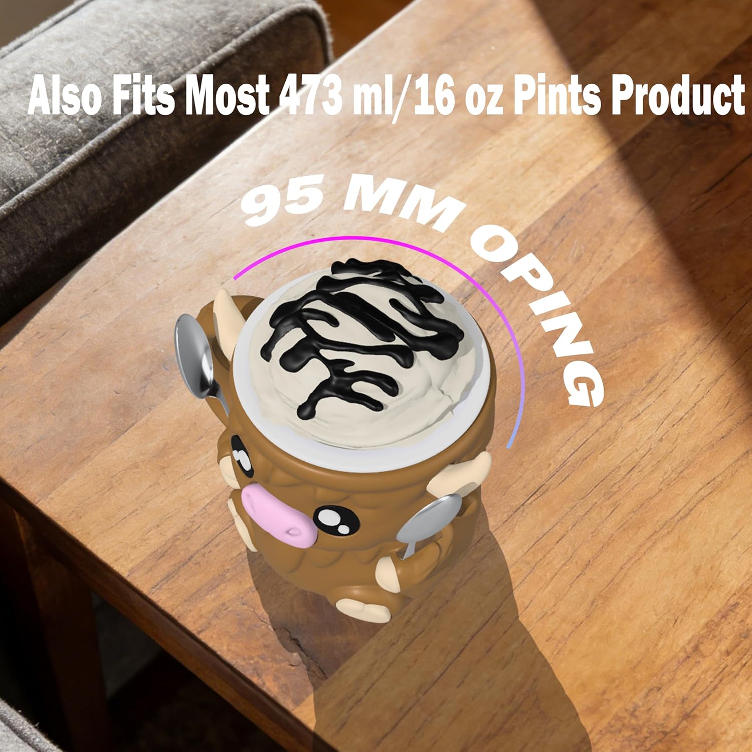 Highland Cow Ice Cream Pint Holder with Handle, Leak-Proof Ice Cream Container with 2 Spoons, Cute Animal Design for Ben & Jerry’s, No Cold Hands, Reusable Gift Idea (Light Brown) - Image 6