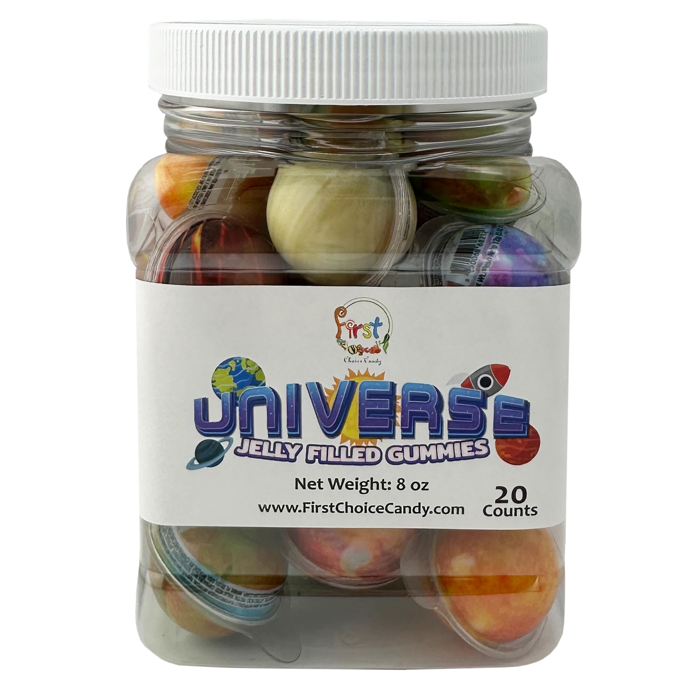 FirstChoiceCandy Jelly Filled Gummies - Assorted Flavor Gummy Filled Candies - Filled With Fruit Jams - 20 Pieces In Resealable Jar (Universe)