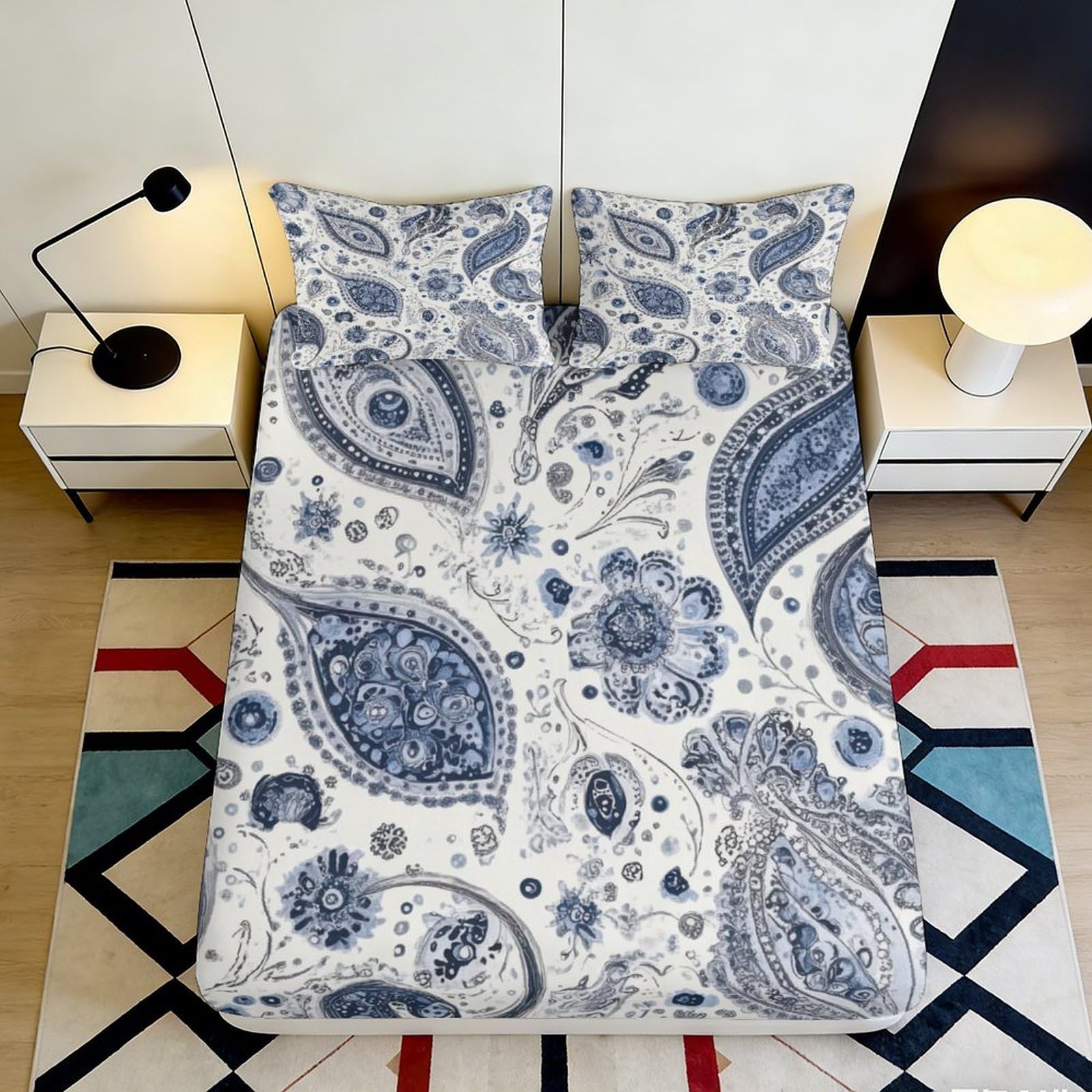 3D Printed Bohemian Pattern Fitted Sheet Microfiber Deep Pocket Bedding Boho Mattress Fitted Cover Non-Slip Wrap for Bedroom 160x200x25cm